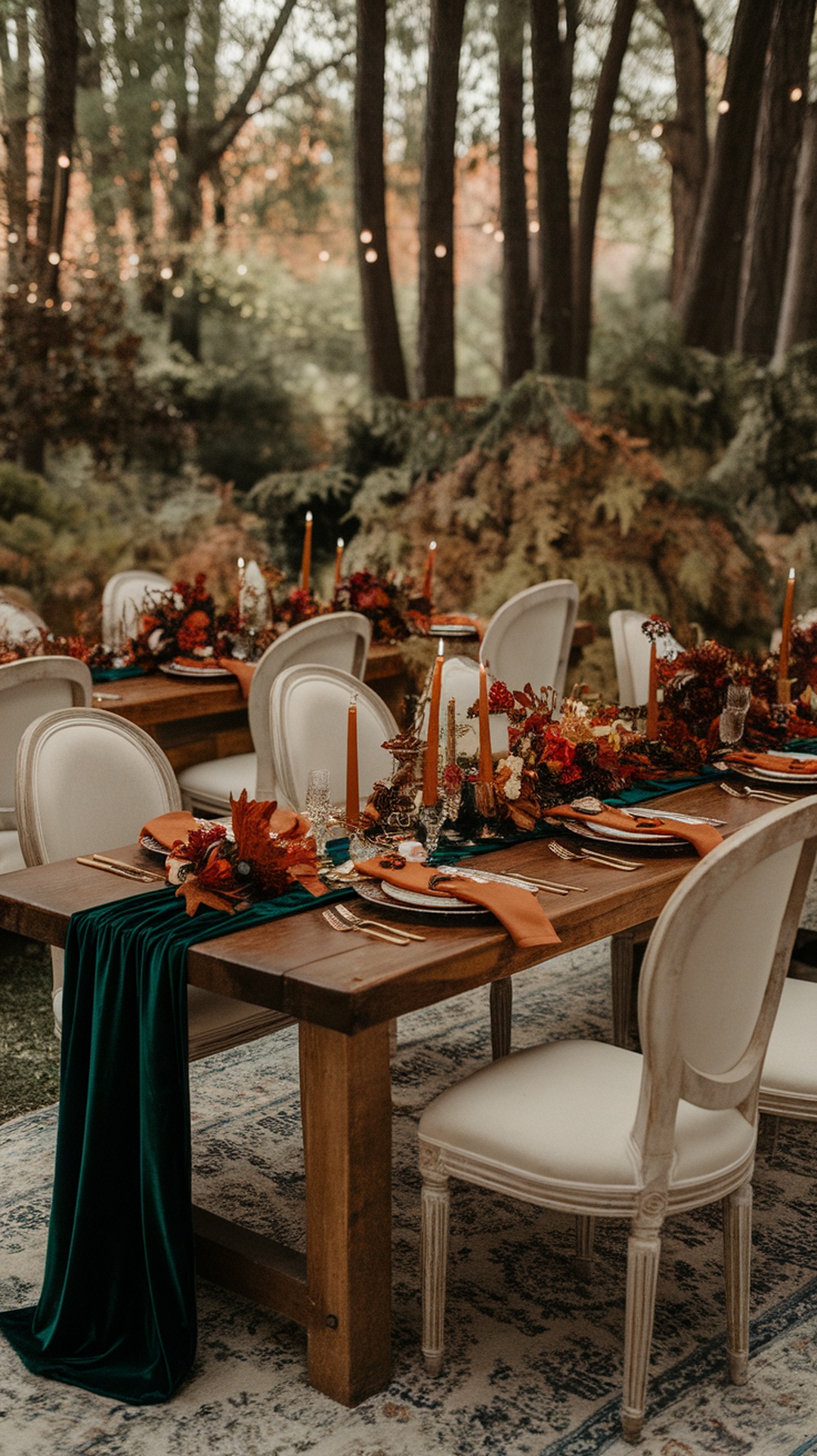 A beautifully decorated wedding table with velvet table runners in autumn tones, complete with natural foliage, candles, and elegant place settings.