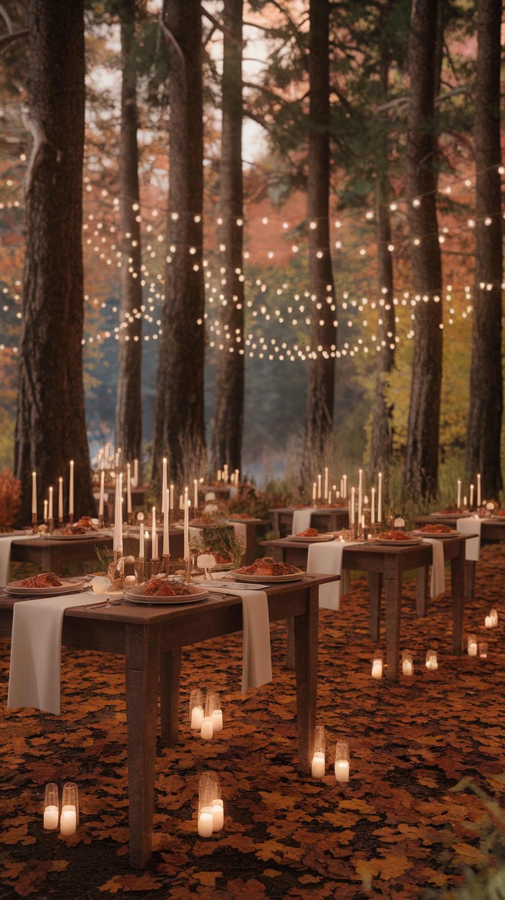 Enchanted forest wedding reception setup with fairy lights and candles.