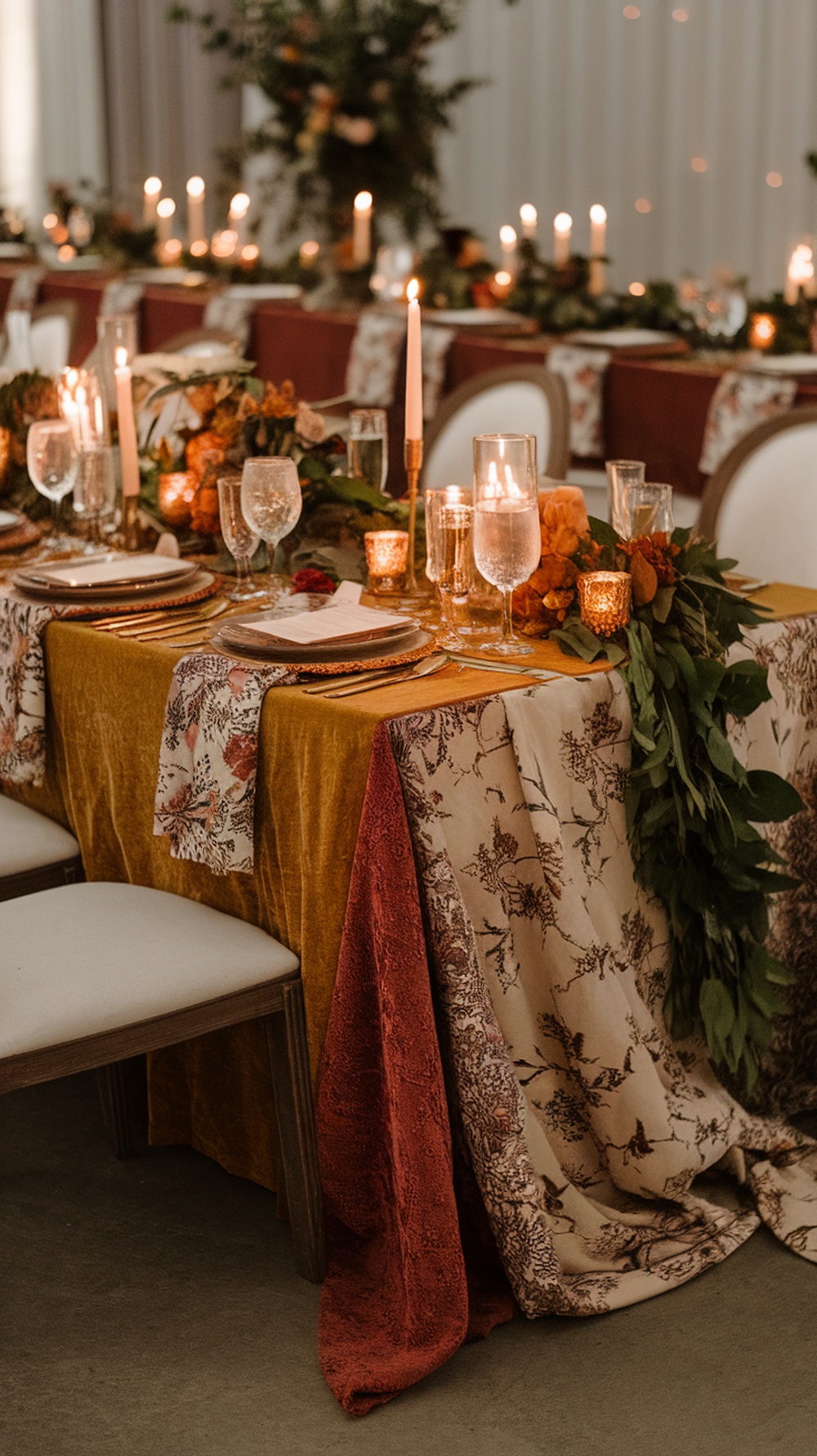 A beautifully set table for a fall wedding with mixed pattern table linens in fall colors.