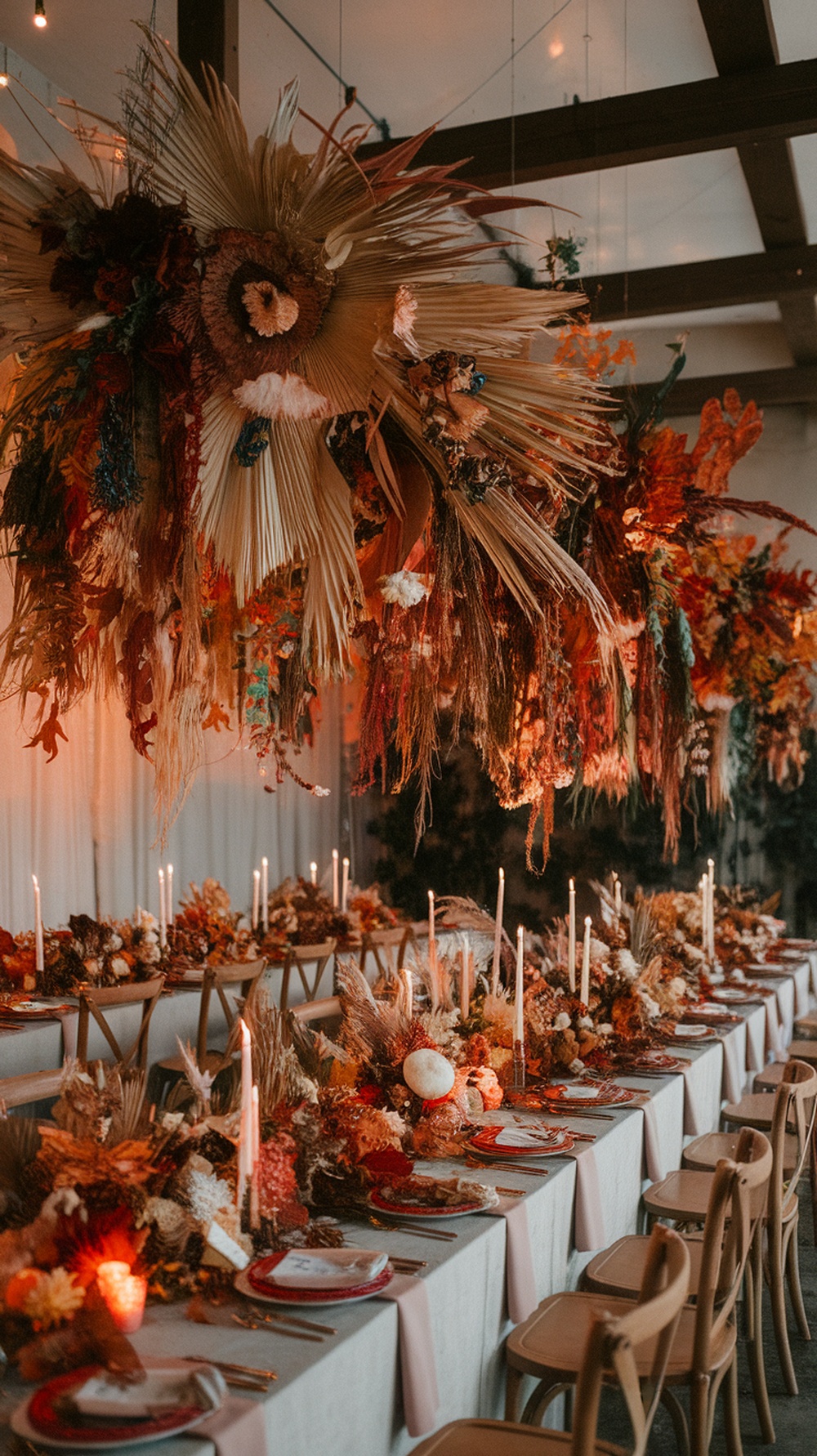 A festive wedding reception with hanging floral arrangements and beautifully set tables featuring candles and floral centerpieces.