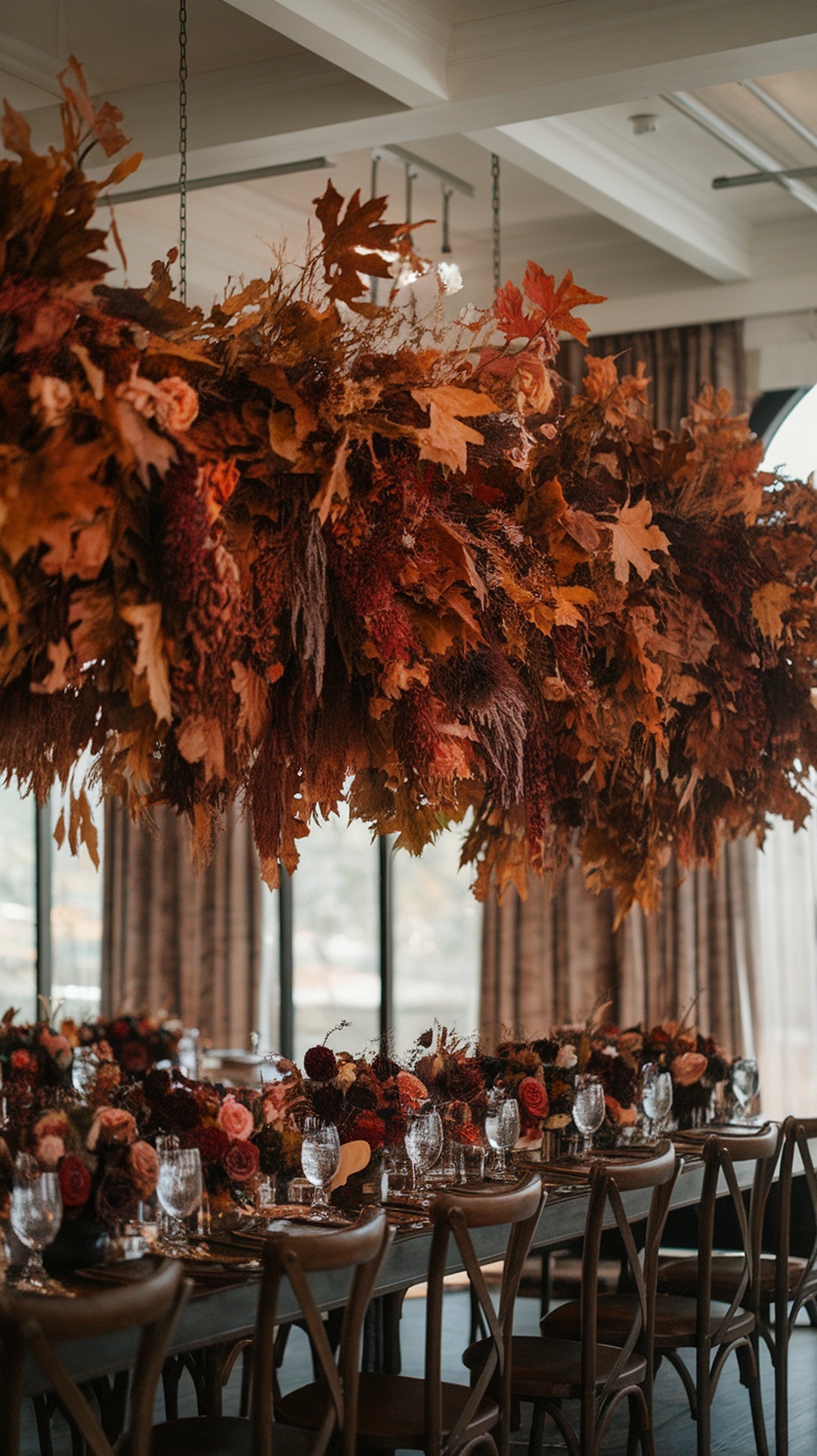 A beautiful floral installation featuring brown and burgundy leaves and flowers hanging above elegantly set tables for a fall wedding.