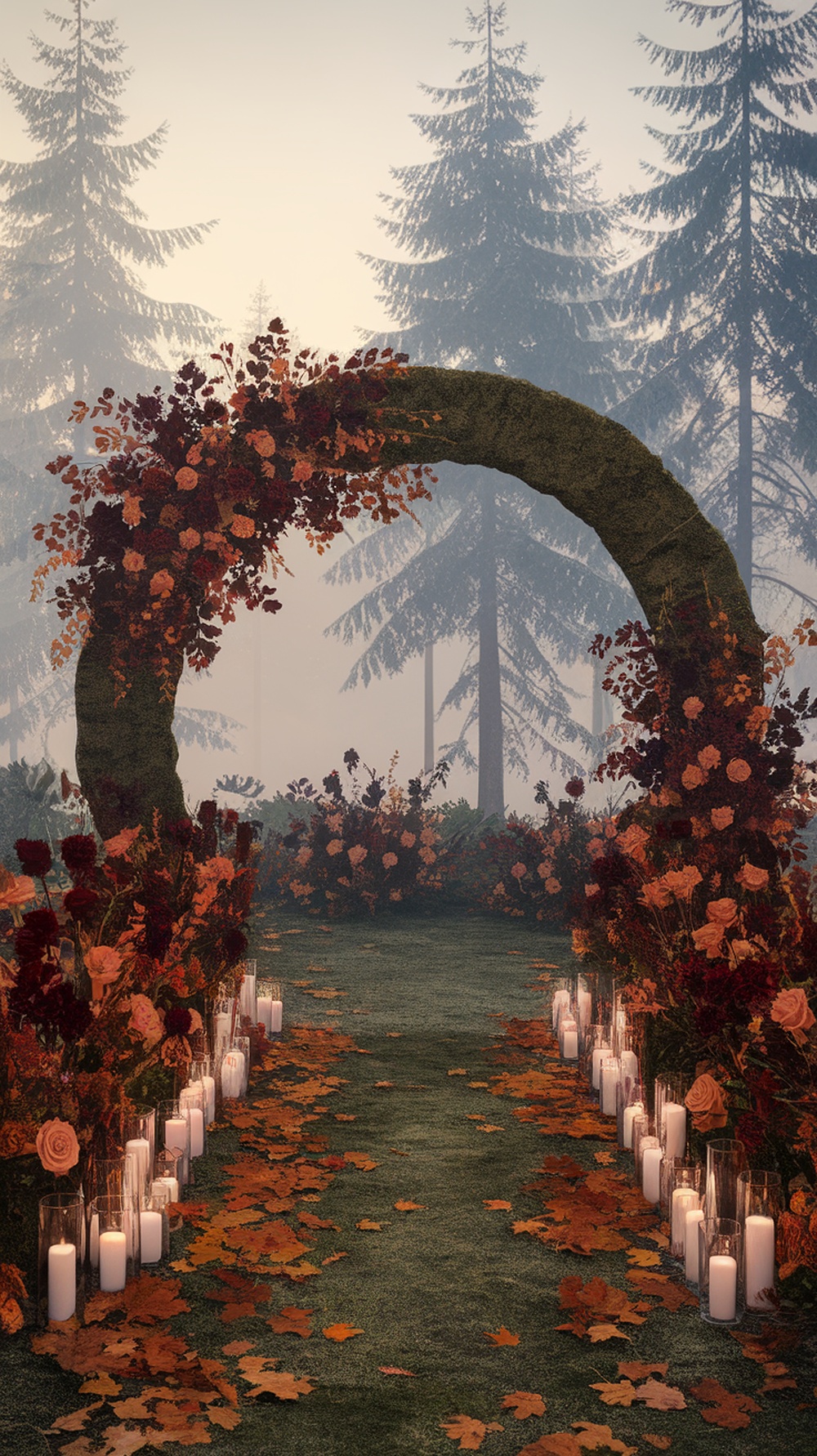 Moss covered ceremony arch with fall florals in a forest setting