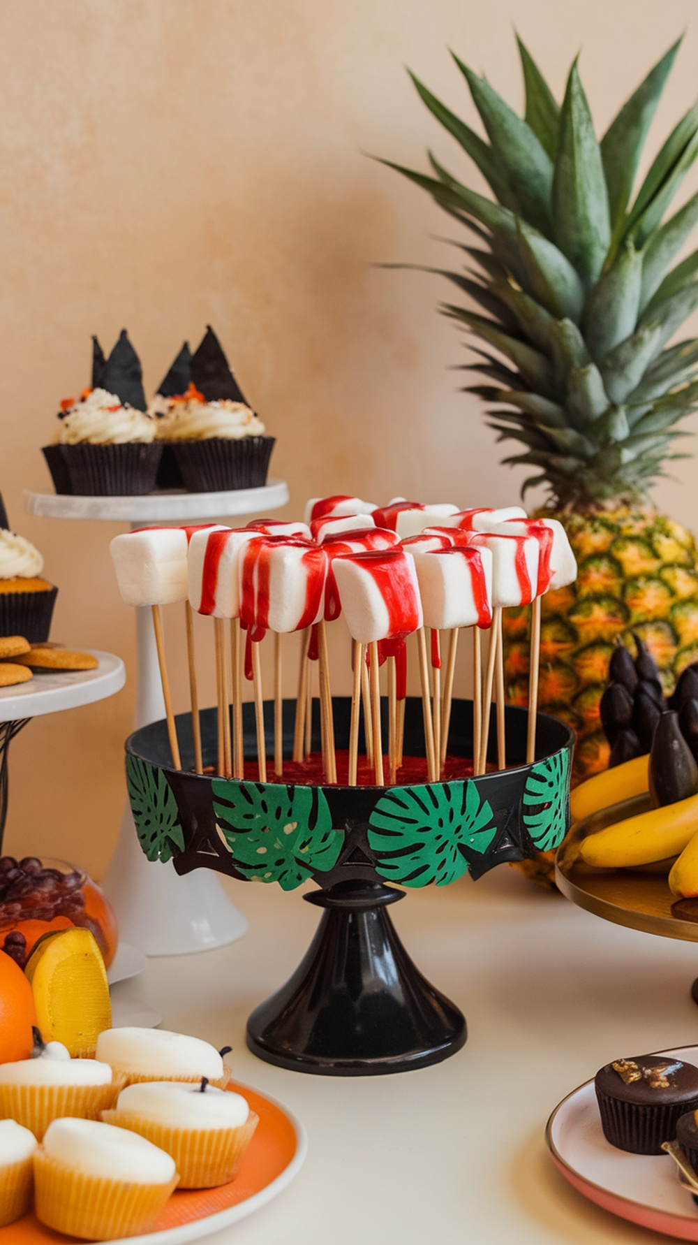 A display of Bloody Marshmallow Skewers drizzled with red syrup on a black stand, surrounded by various other festive desserts.