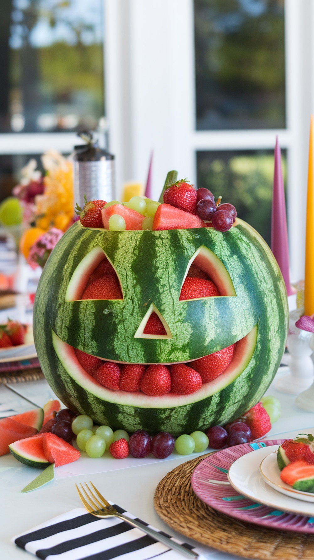 A watermelon carved into a jack-o'-lantern with assorted fruits inside and around it.