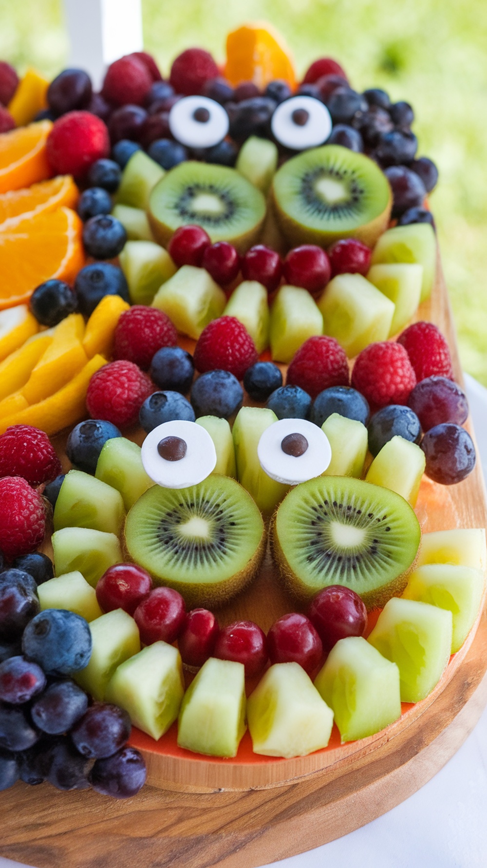 A colorful monster fruit platter with kiwi, grapes, raspberries, blueberries, and oranges arranged to look like a monster's face.