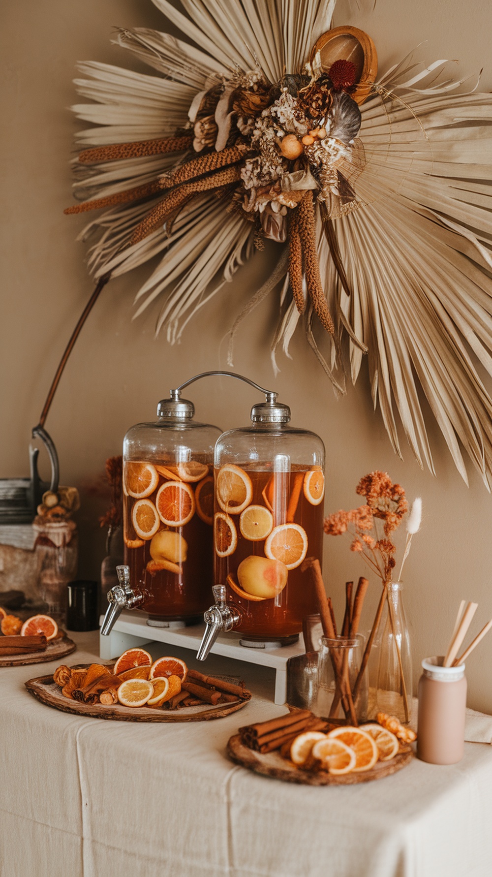 A beautifully arranged warm amber drink station featuring two dispensers filled with spiced drinks, decorated with orange slices and cinnamon sticks.