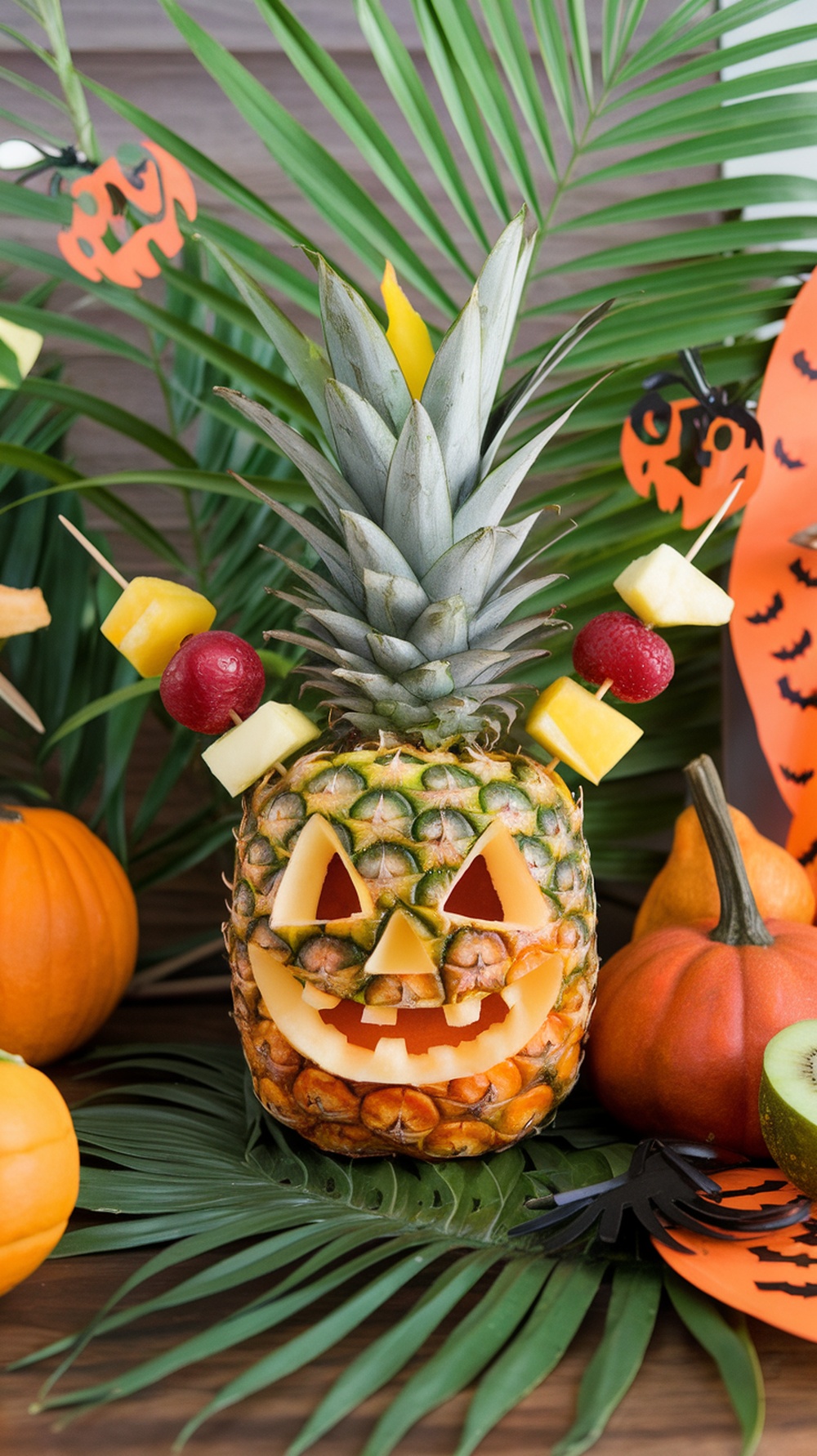 A pineapple carved into a jack-o'-lantern with fruit skewers and surrounded by pumpkins and decorations