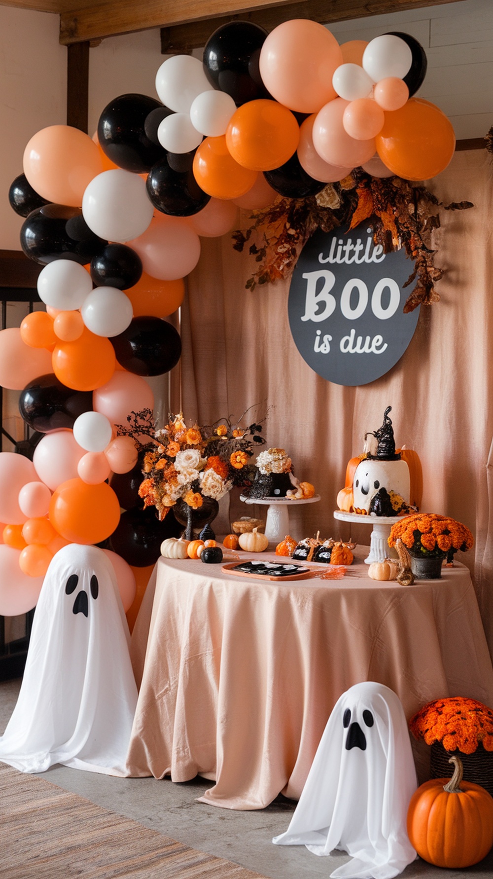 A whimsical balloon arch in orange, black, and white, featuring the words 'little Boo is due,' set against a backdrop of seasonal autumn decorations and a dessert table.