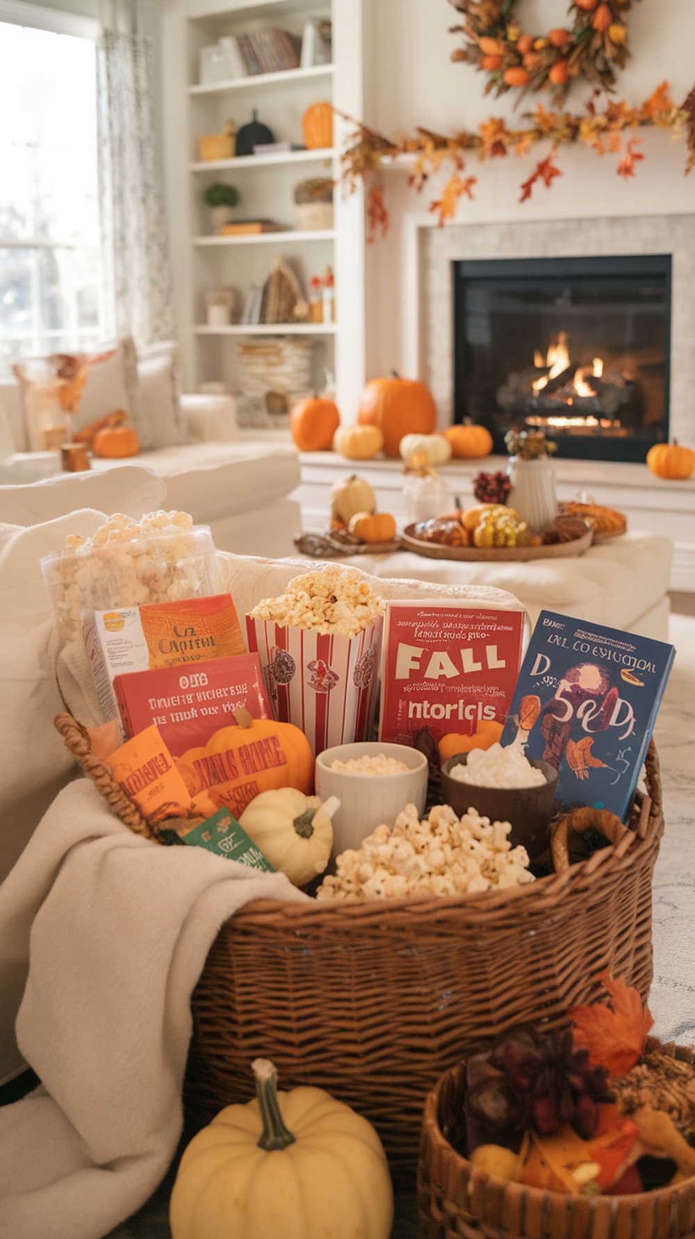 A cozy fall movie night basket filled with snacks and DVDs, set in a living room with autumn decorations.