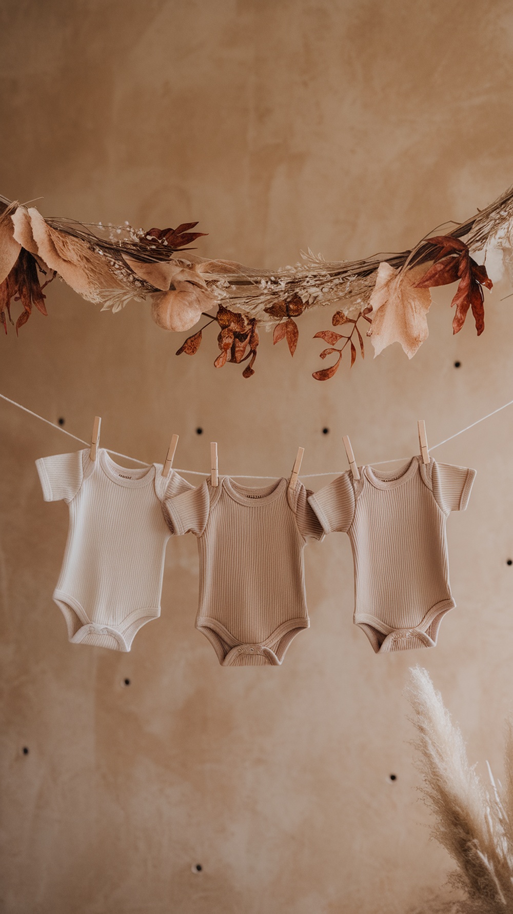 A clothesline display featuring neutral baby onesies with dried leaves and autumn decorations.
