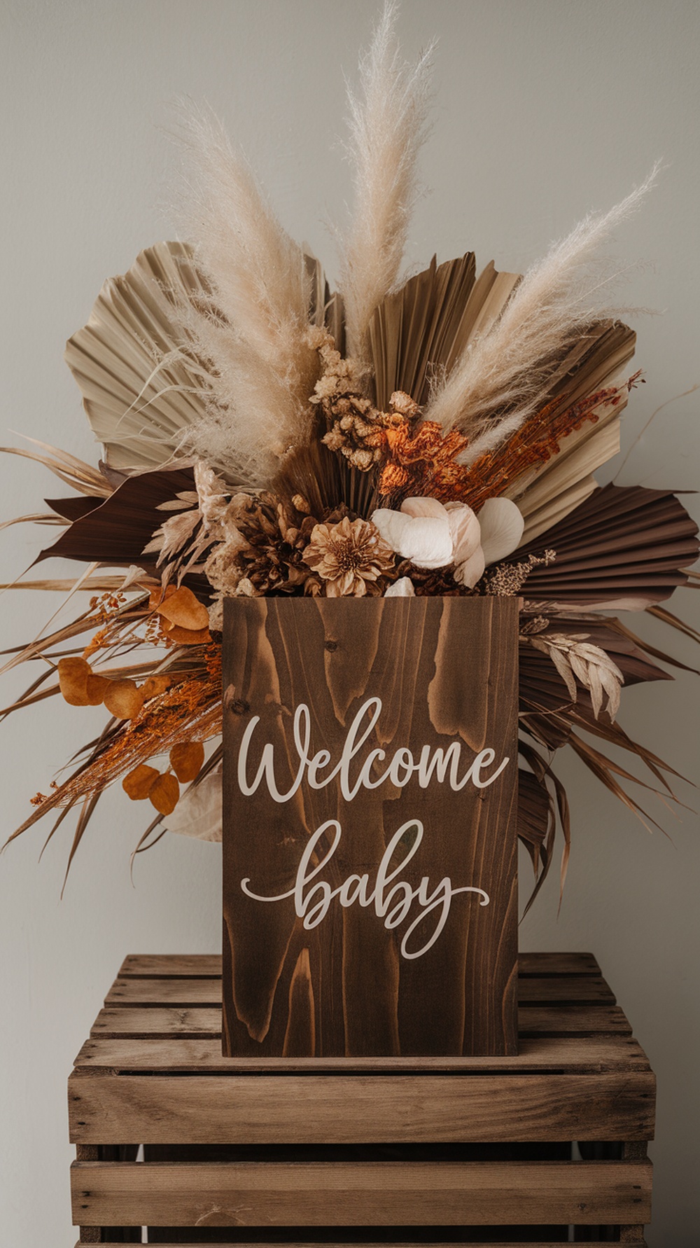 A rustic wooden sign saying 'Welcome Baby' surrounded by dried flowers and plants on a wooden crate.