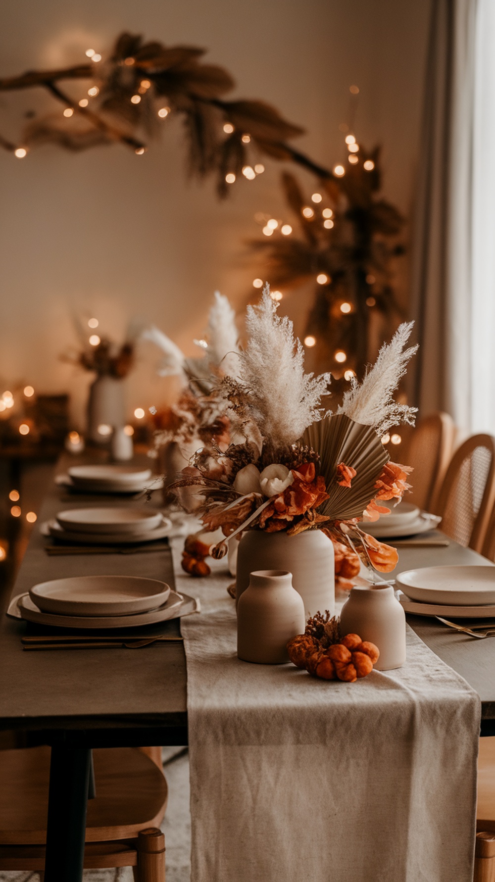 A warm and inviting harvest neutral tablescape with dried flowers, pumpkins, and soft lighting for a baby shower.