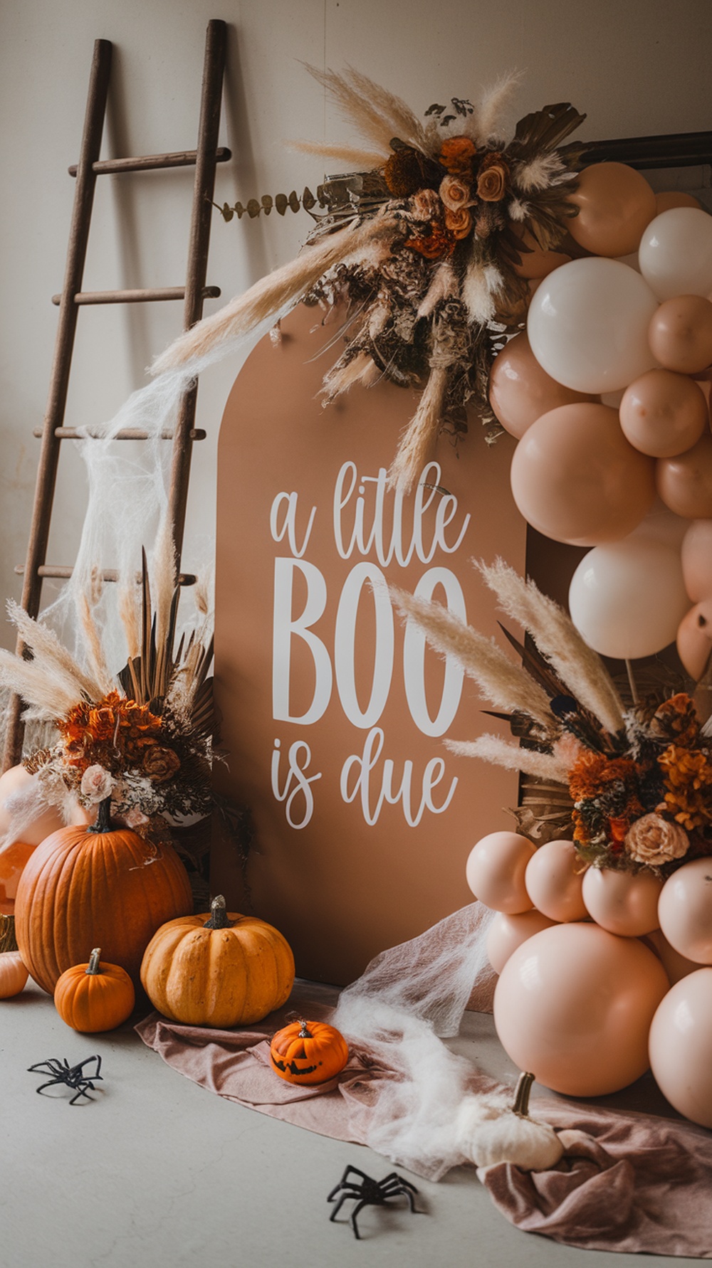 A warm and inviting entrance display for a baby shower featuring a sign that reads 'a little BOO is due,' surrounded by pumpkins, balloons, and floral arrangements.