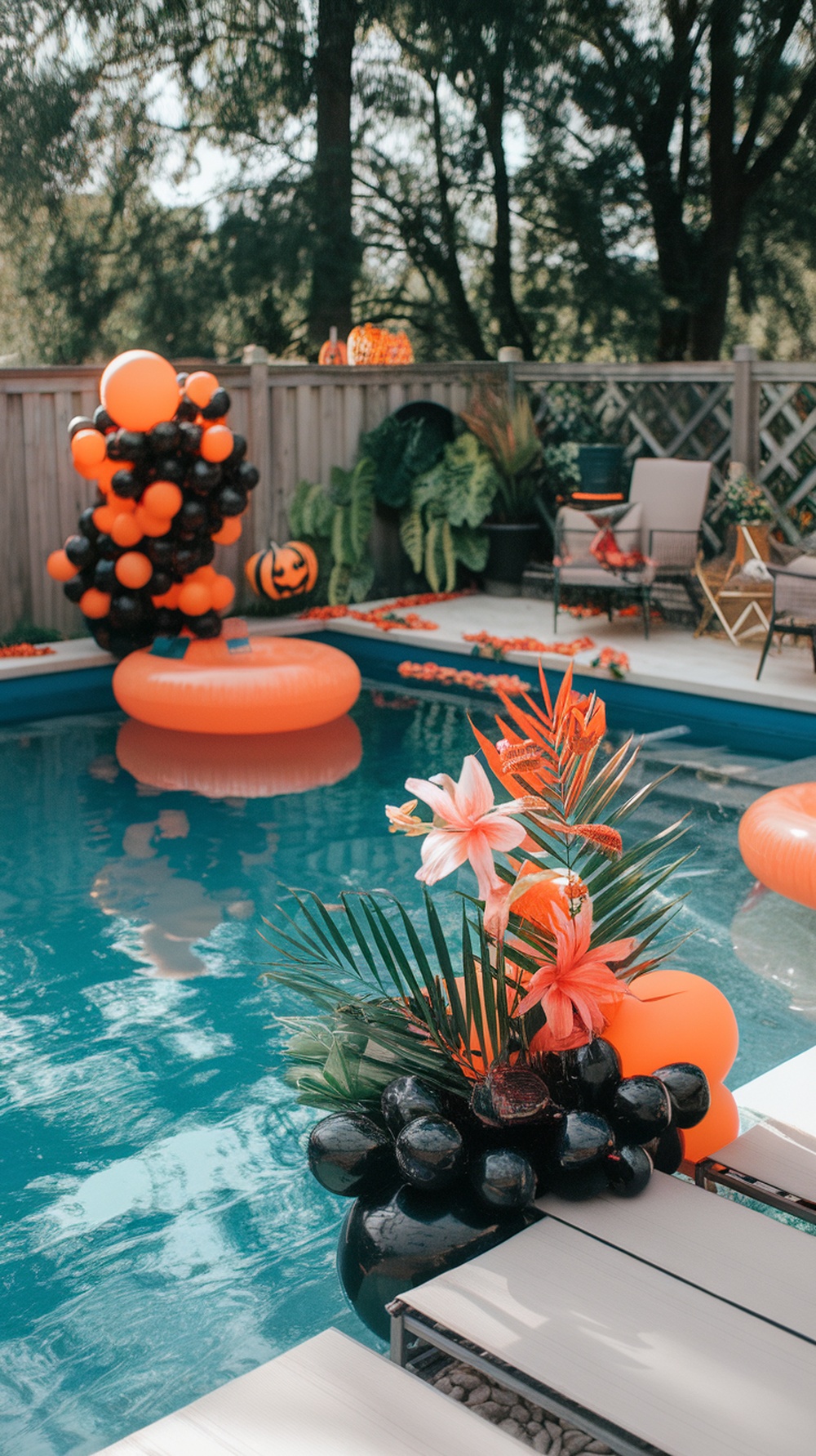Decorative black and orange setup at a pool party with balloons, flowers, and inflatable ring.