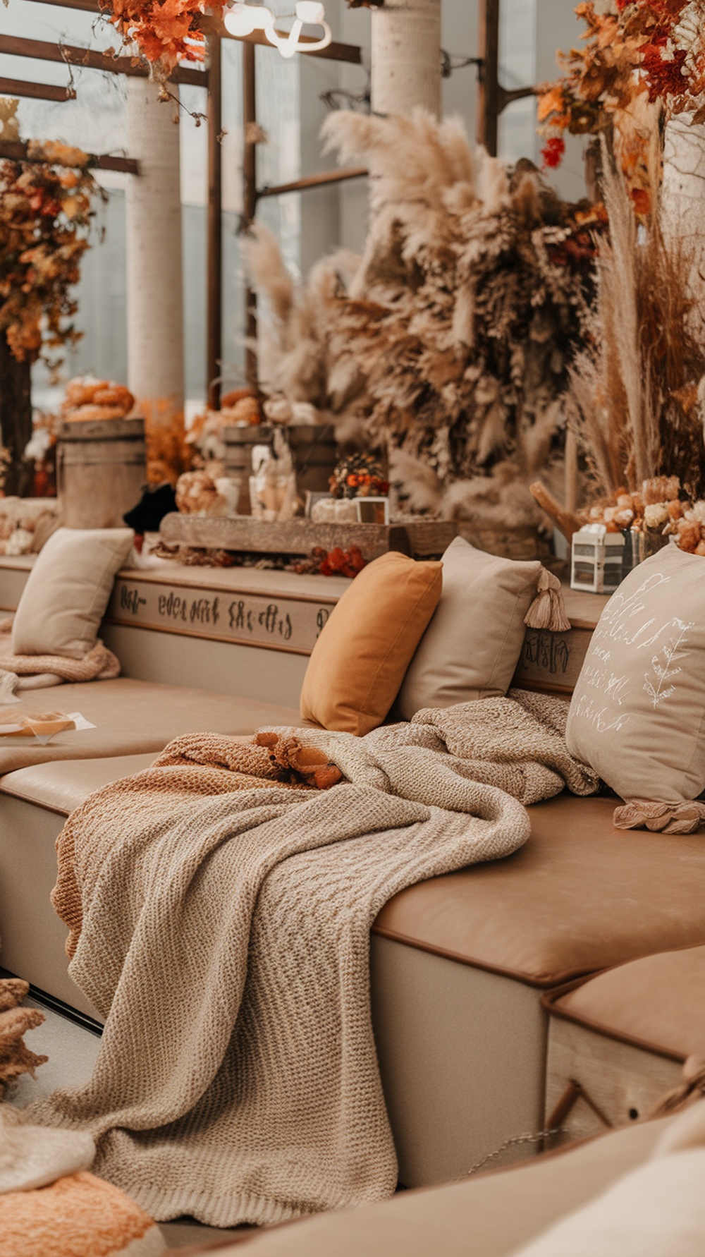 A cozy seating area with knit blankets and pillows, decorated with fall-themed elements.