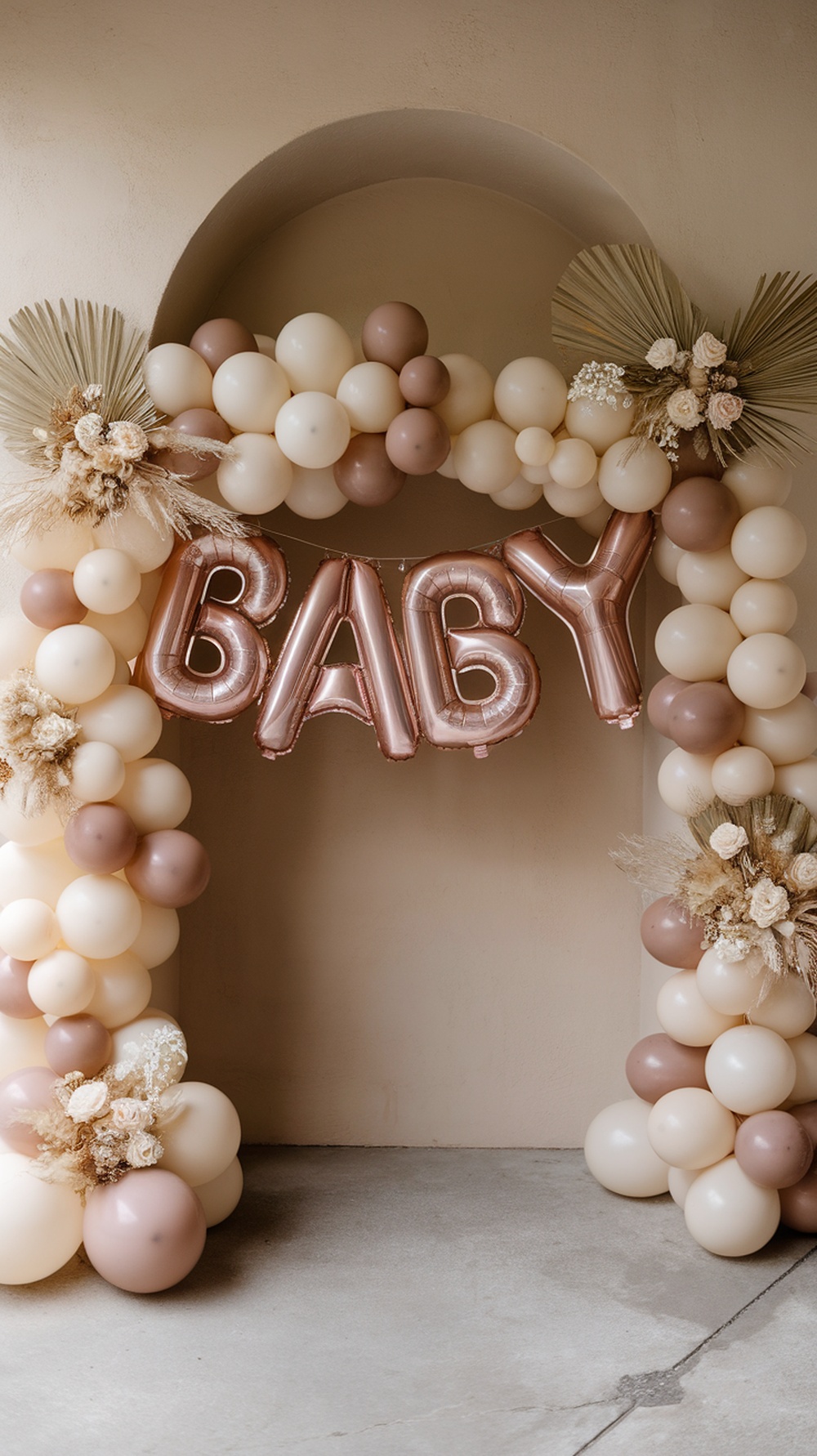 A balloon garland in soft beige tones forming an entrance for a baby shower.