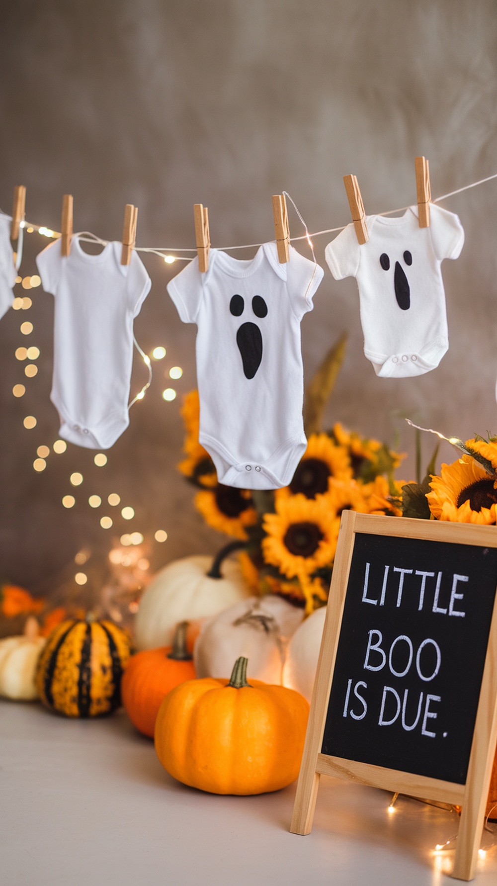 A festive display featuring ghost onesies hung on a clothesline with pumpkins and sunflowers in the background, celebrating a baby shower.