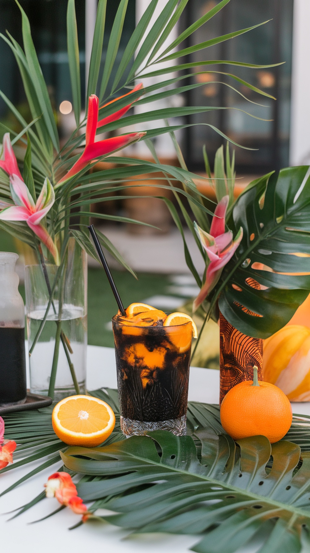 A glass of black lemonade garnished with orange slices, surrounded by tropical leaves and decor.