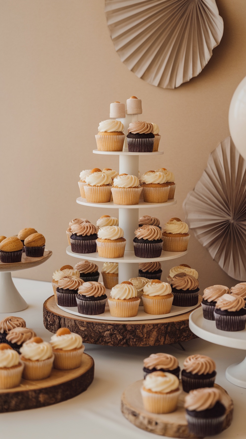 A dessert tower displaying an assortment of cream and caramel cupcakes, set against a neutral background.
