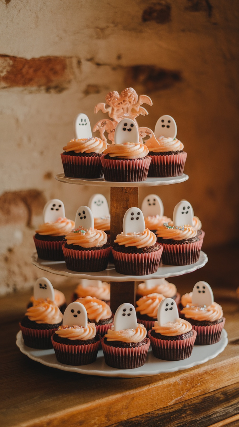 A tower of mini ghost cupcakes decorated with orange frosting and white ghost toppers.