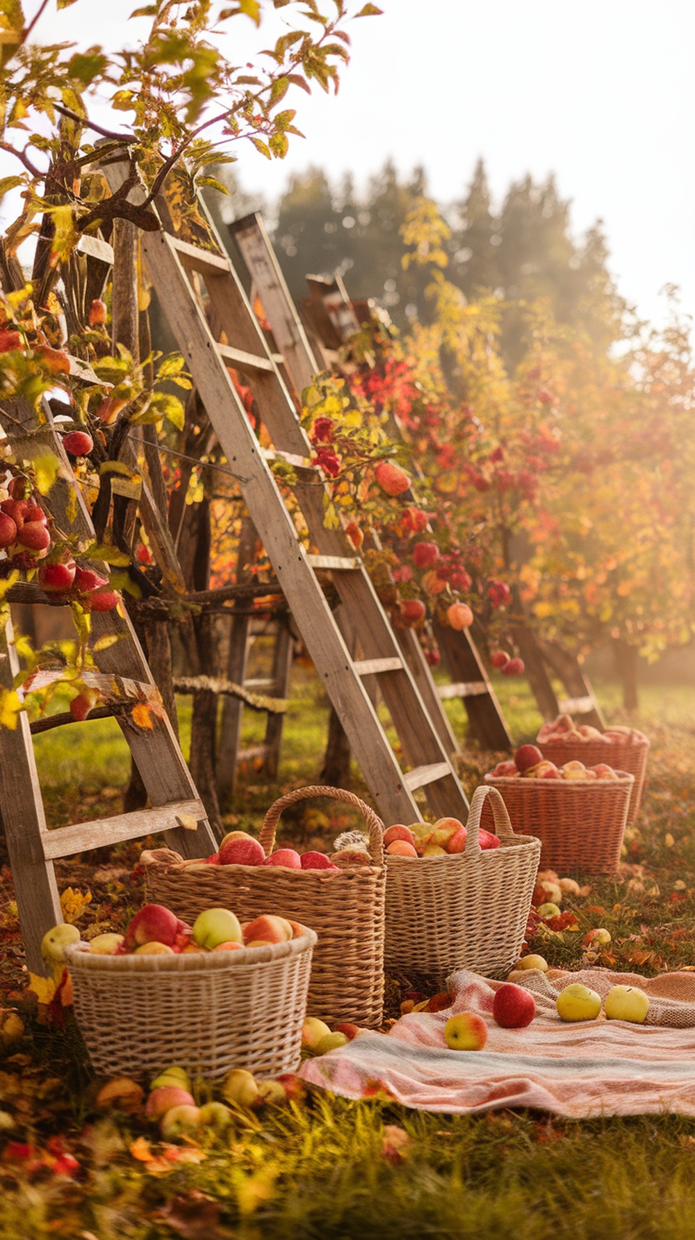 Baskets filled with freshly picked apples in a vibrant orchard during fall.