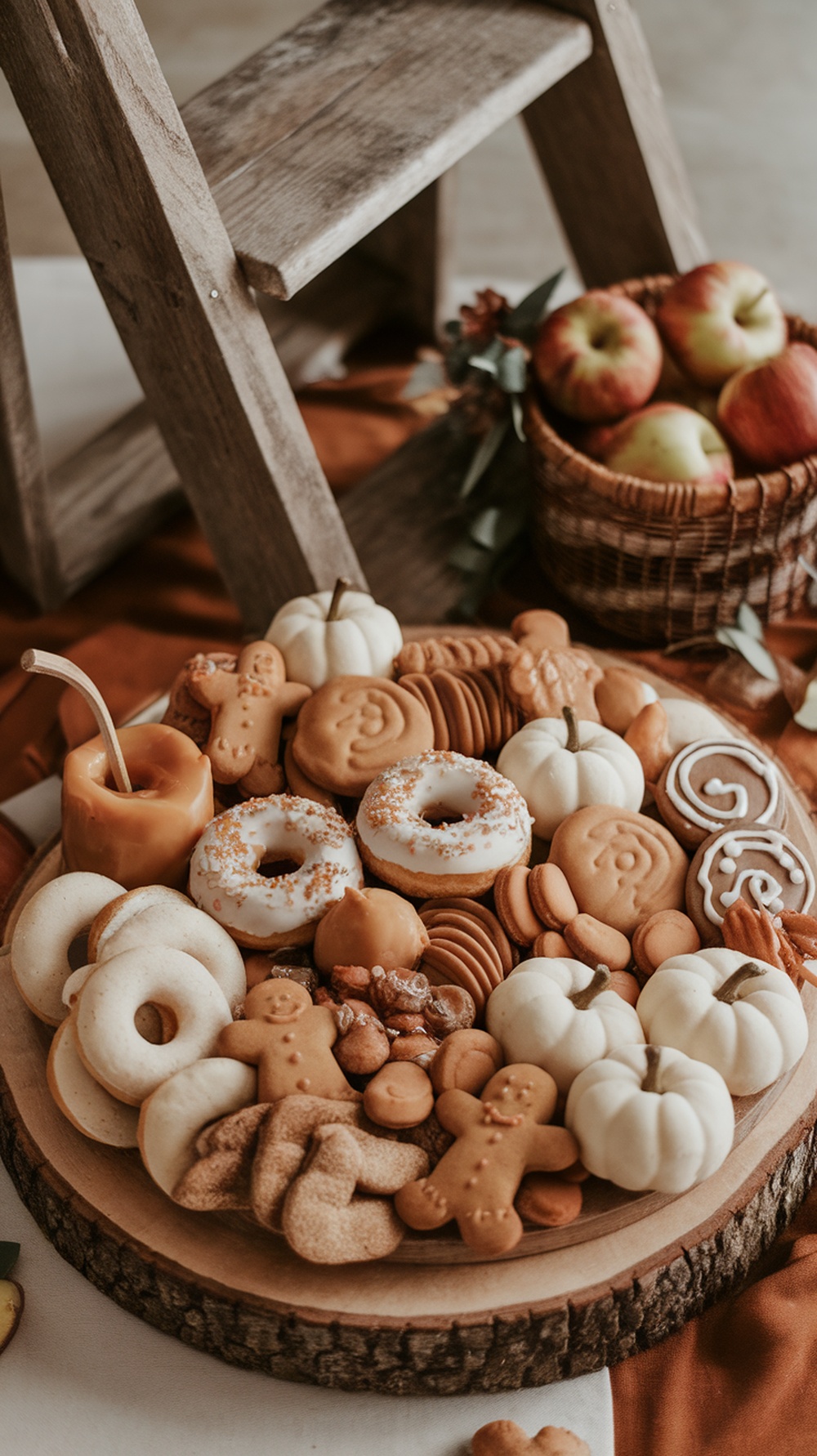 A beautifully arranged Pumpkin Spice Dessert Grazing Board with various sweet treats, including cookies, donuts, and mini pumpkins on a rustic wooden platter.