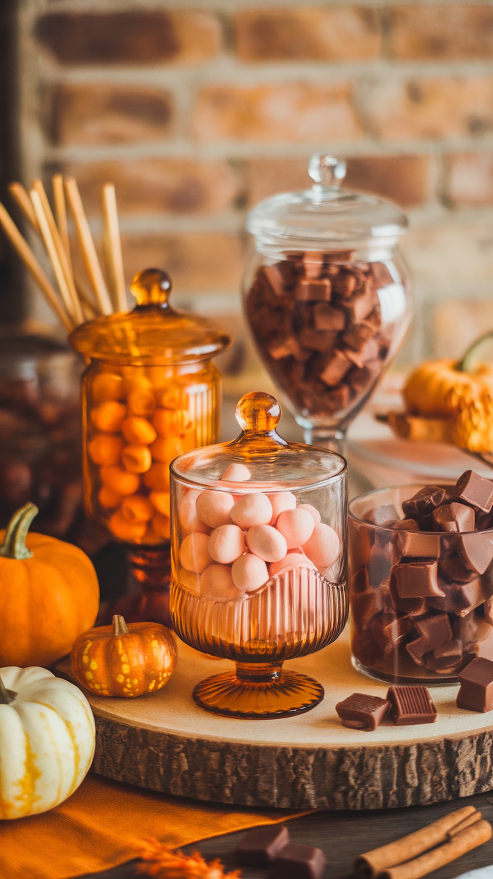 Amber glass candy jars filled with colorful candies, surrounded by pumpkins and a rustic wooden base.