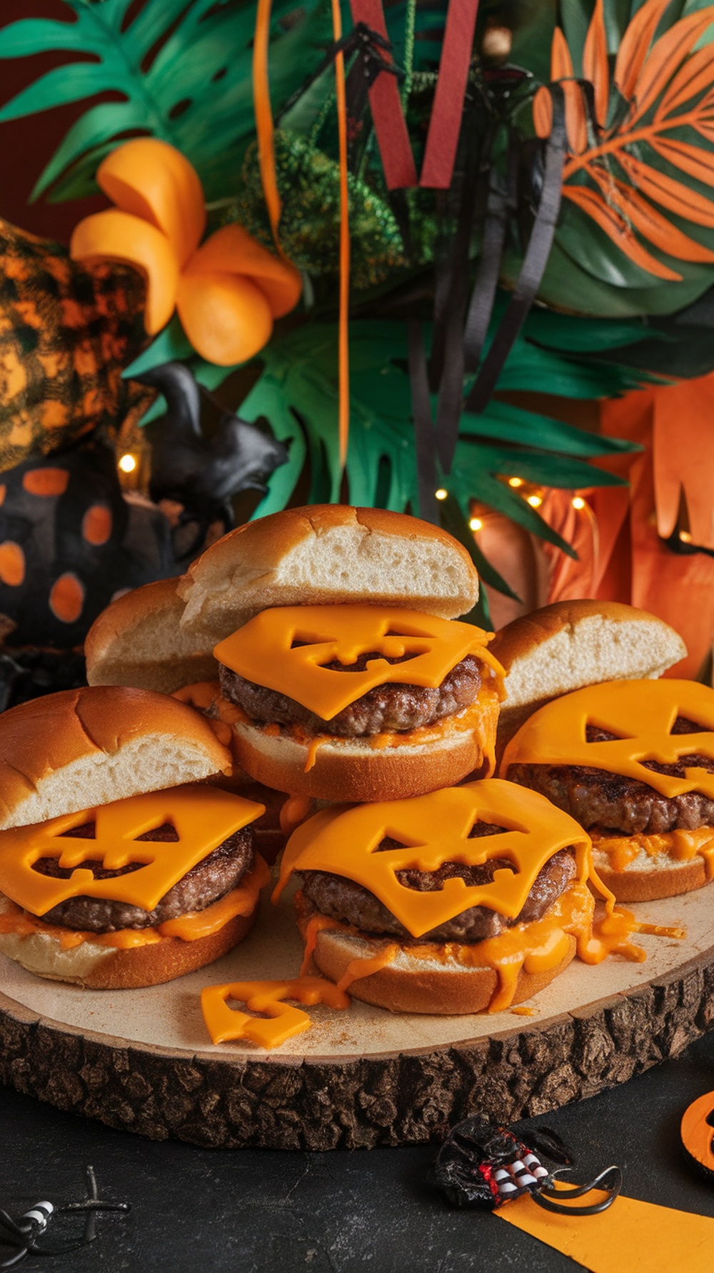 A fun display of pumpkin-themed cheeseburgers for a Summerween party.