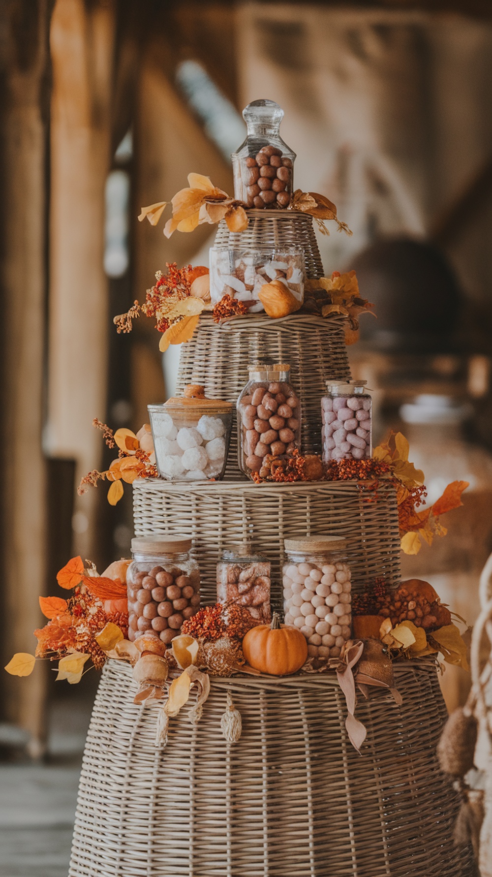 A wicker stand decorated with various jars of colorful candies, adorned with autumn leaves and small pumpkins.