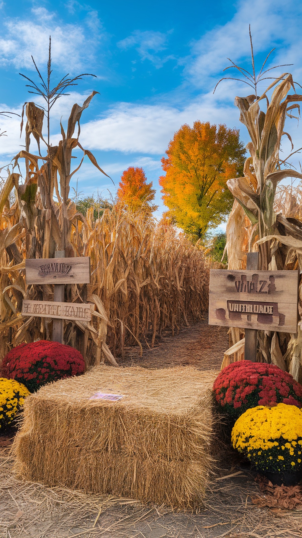 A beautiful corn maze with tall stalks and colorful trees in the background.
