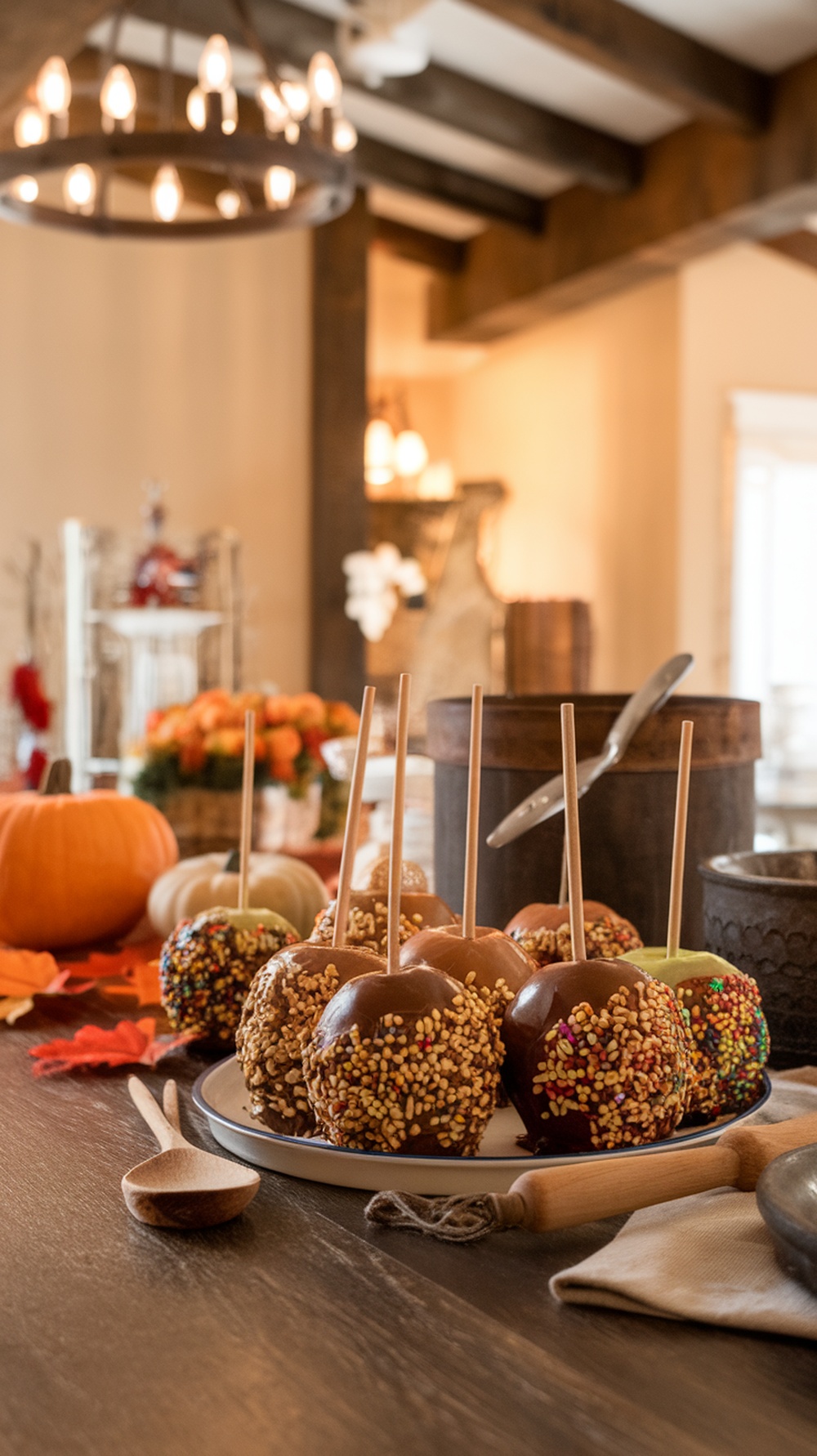 A cozy kitchen table with homemade caramel apples, pumpkins, and colorful fall leaves.