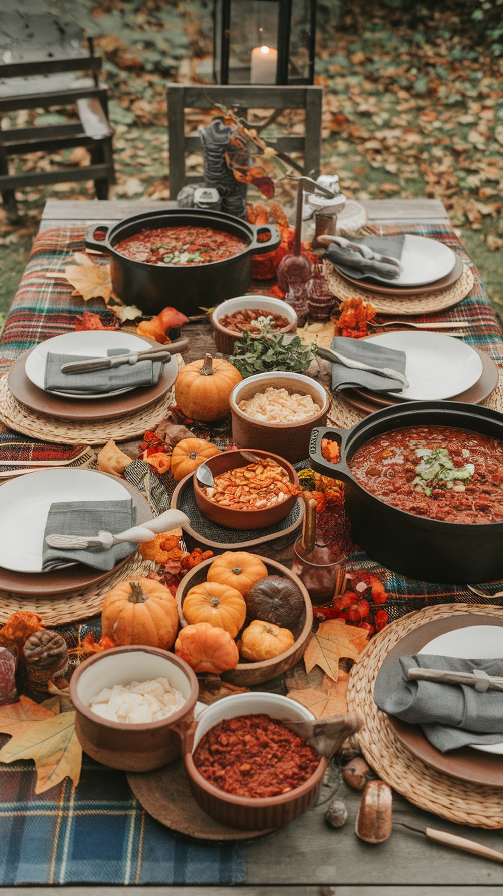 A cozy outdoor table setting for a fall chili night with pumpkins, bowls of chili, and decorative autumn leaves.