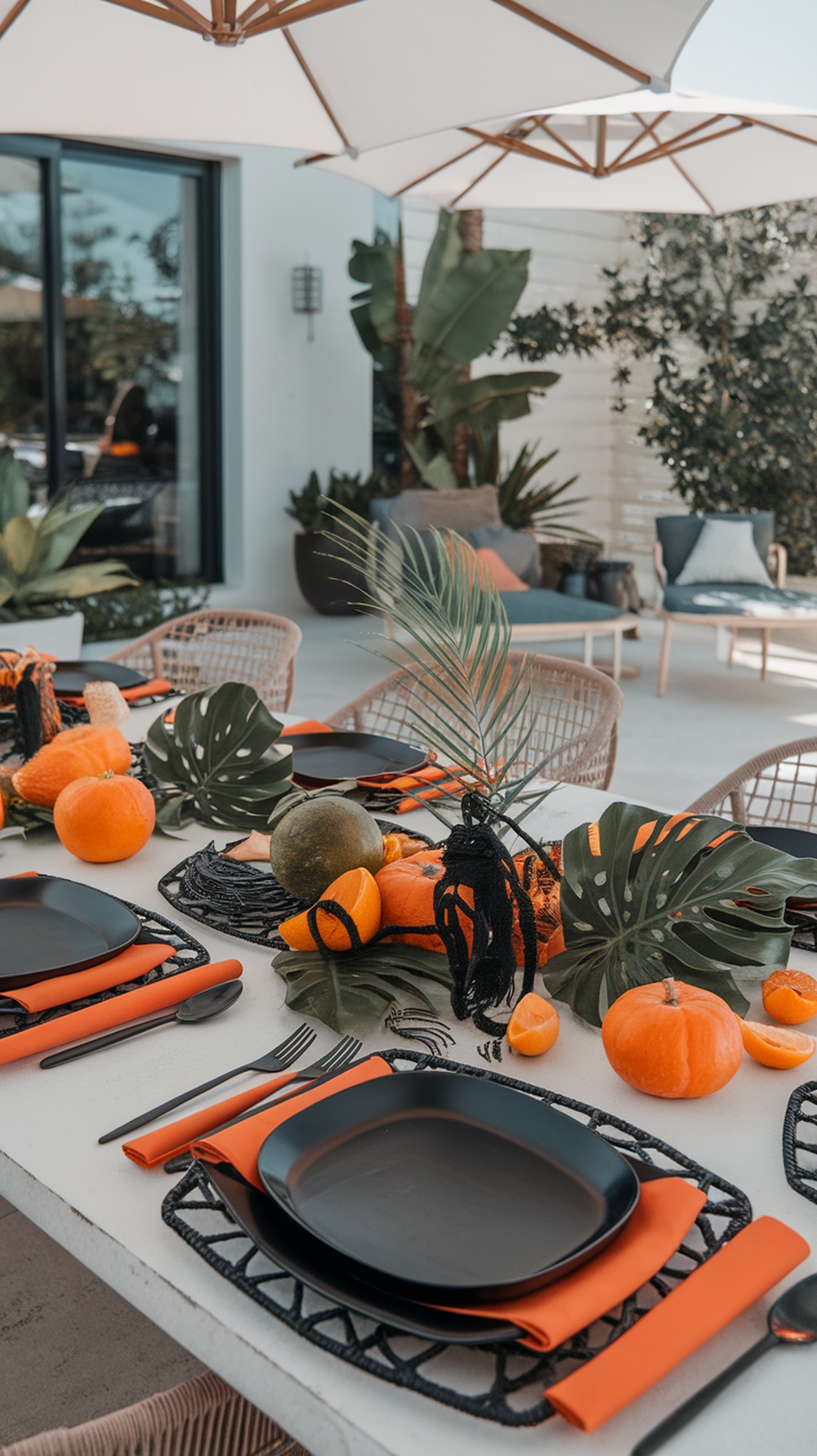 A tablescape with black plates, vibrant napkins, pumpkins, and tropical leaves in a bright setting.