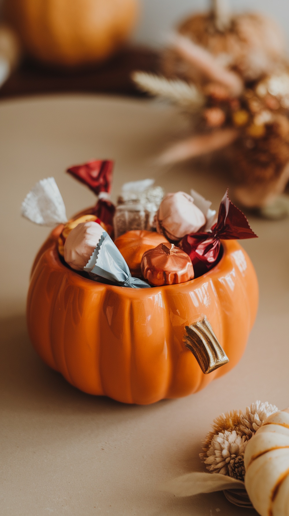 An orange pumpkin bowl filled with assorted candies, set on a neutral background