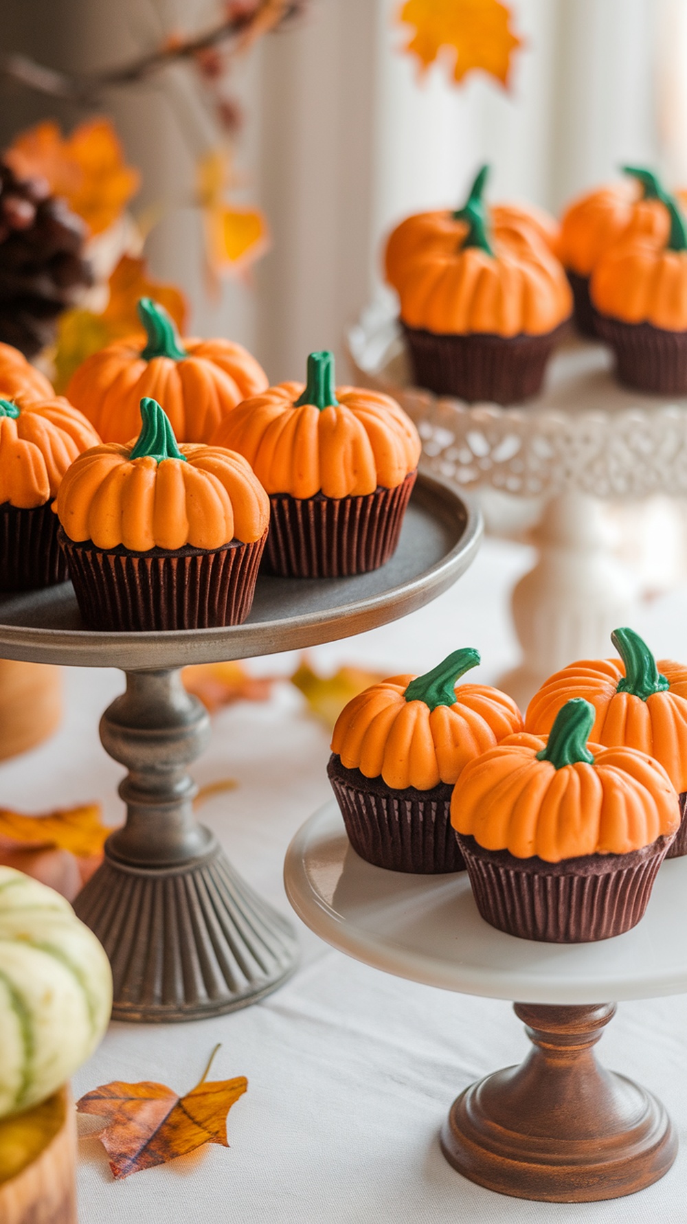 Mini pumpkin orange cupcakes decorated with orange frosting and green stems