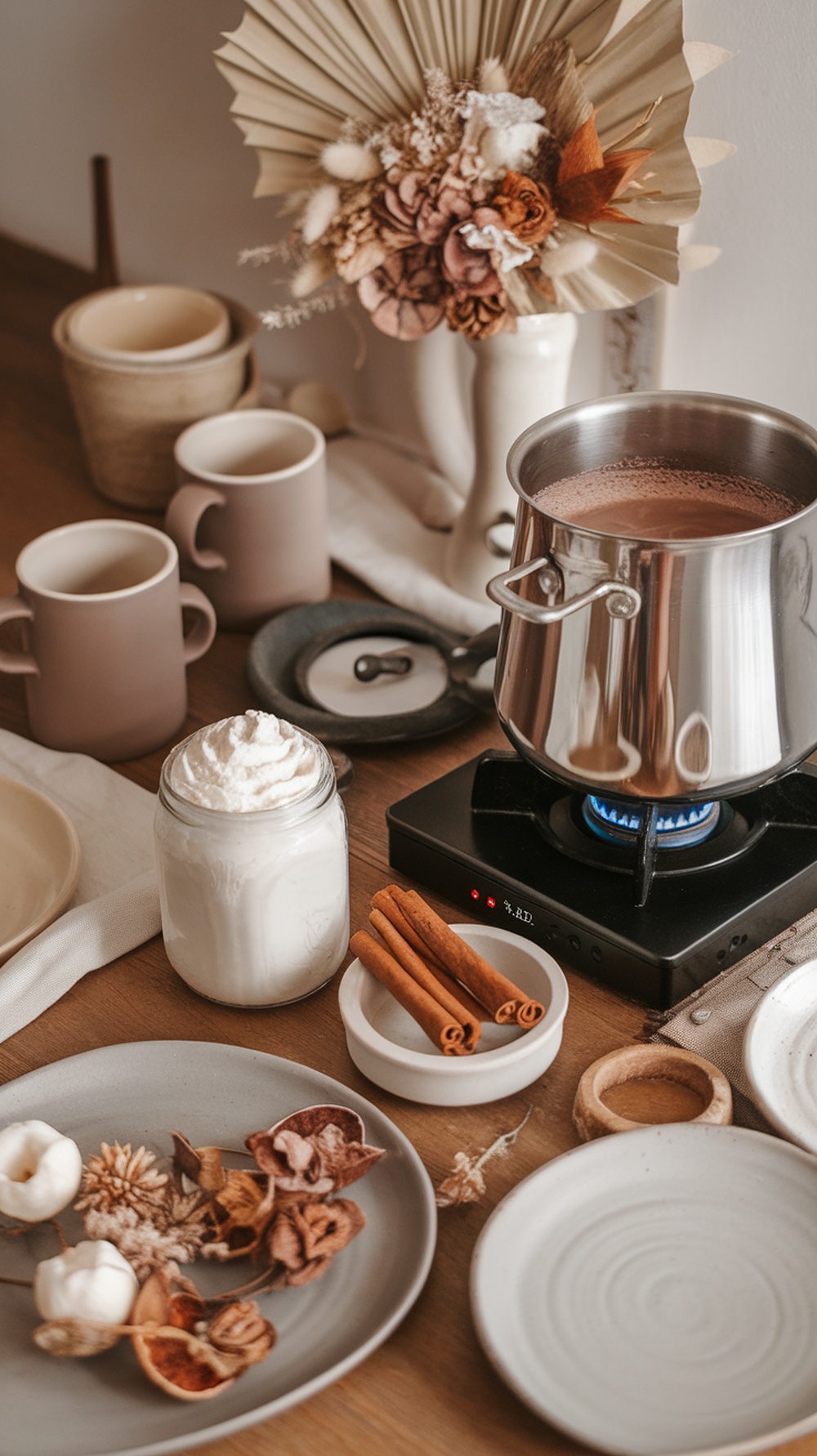 A cozy hot cocoa bar setup with pots of cocoa, whipped cream, and decorative elements.