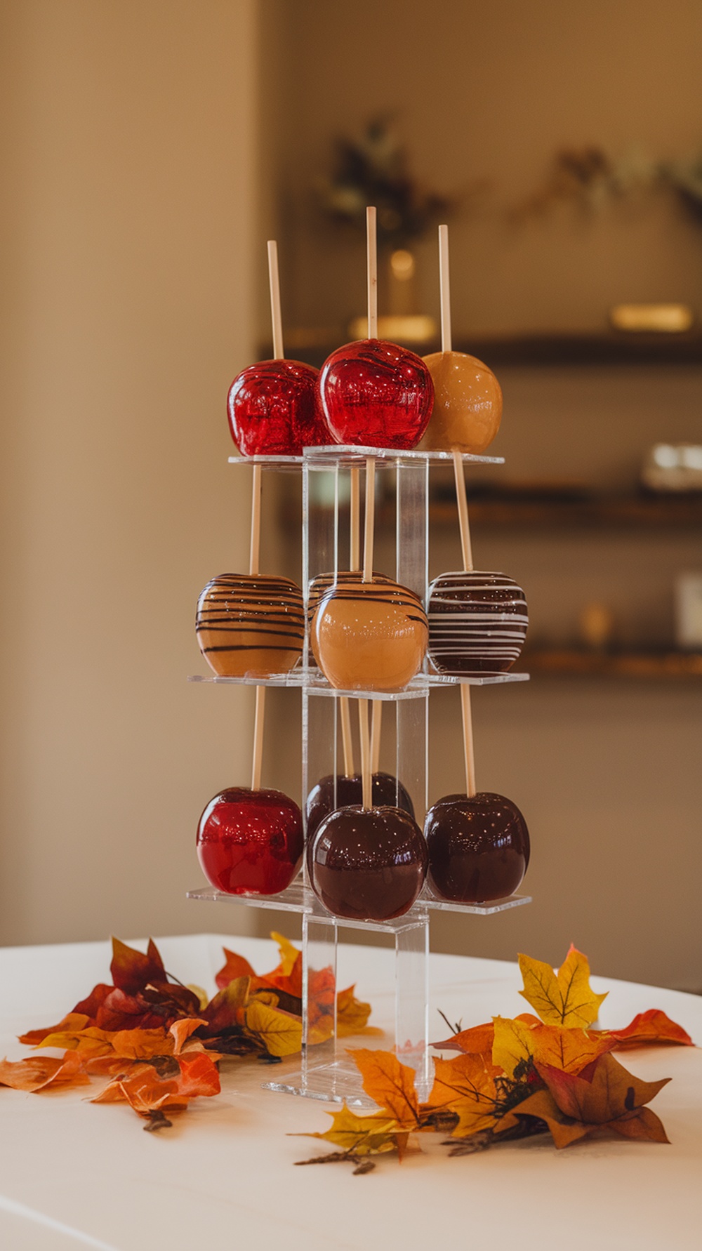 A colorful candy apple centerpiece tower featuring caramel-coated and candy-coated apples on a stand, with autumn leaves surrounding the base.