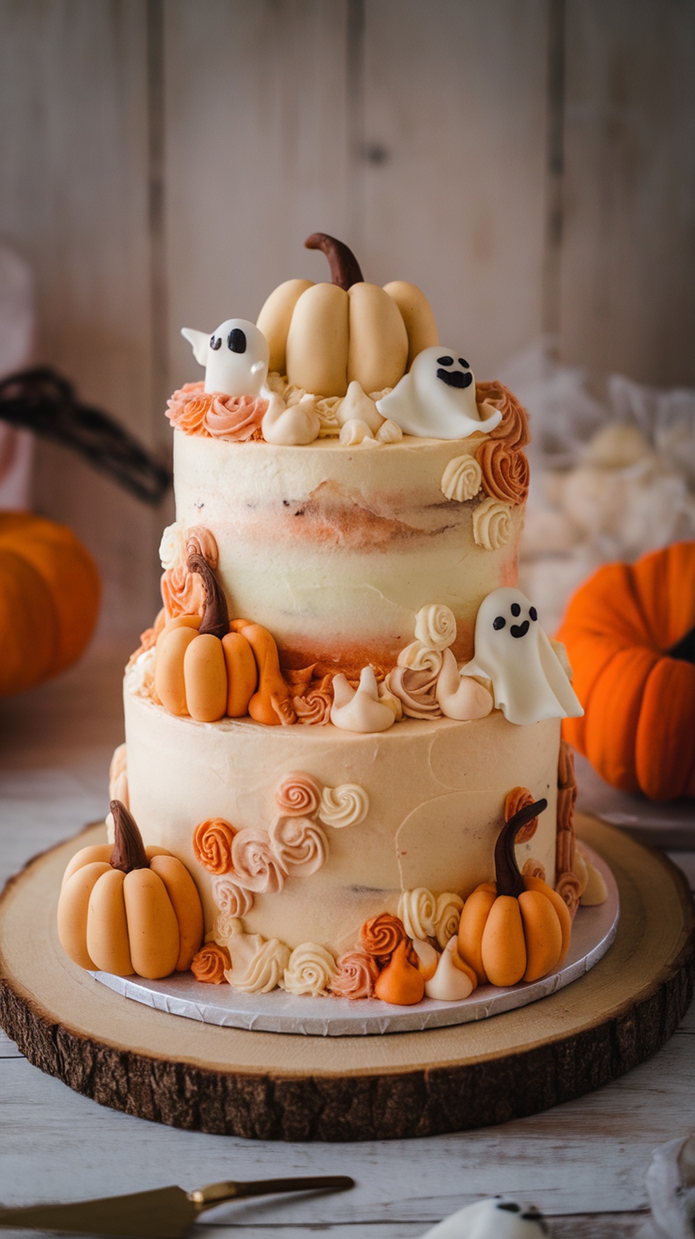 A beautifully decorated three-tier pumpkin and pastel cake with fondant decorations.
