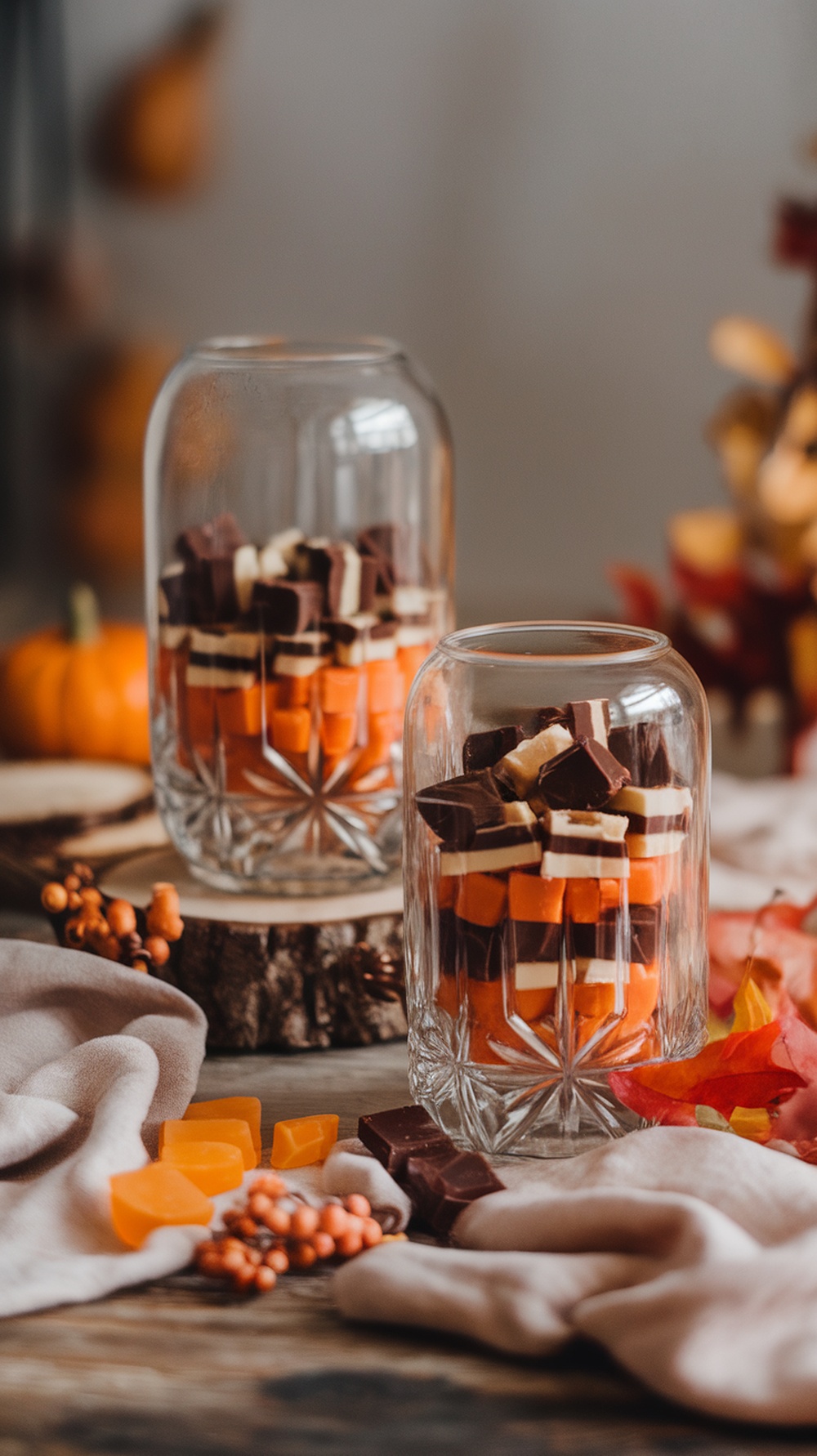 A glass hurricane vase filled with colorful layers of fall-themed candy.