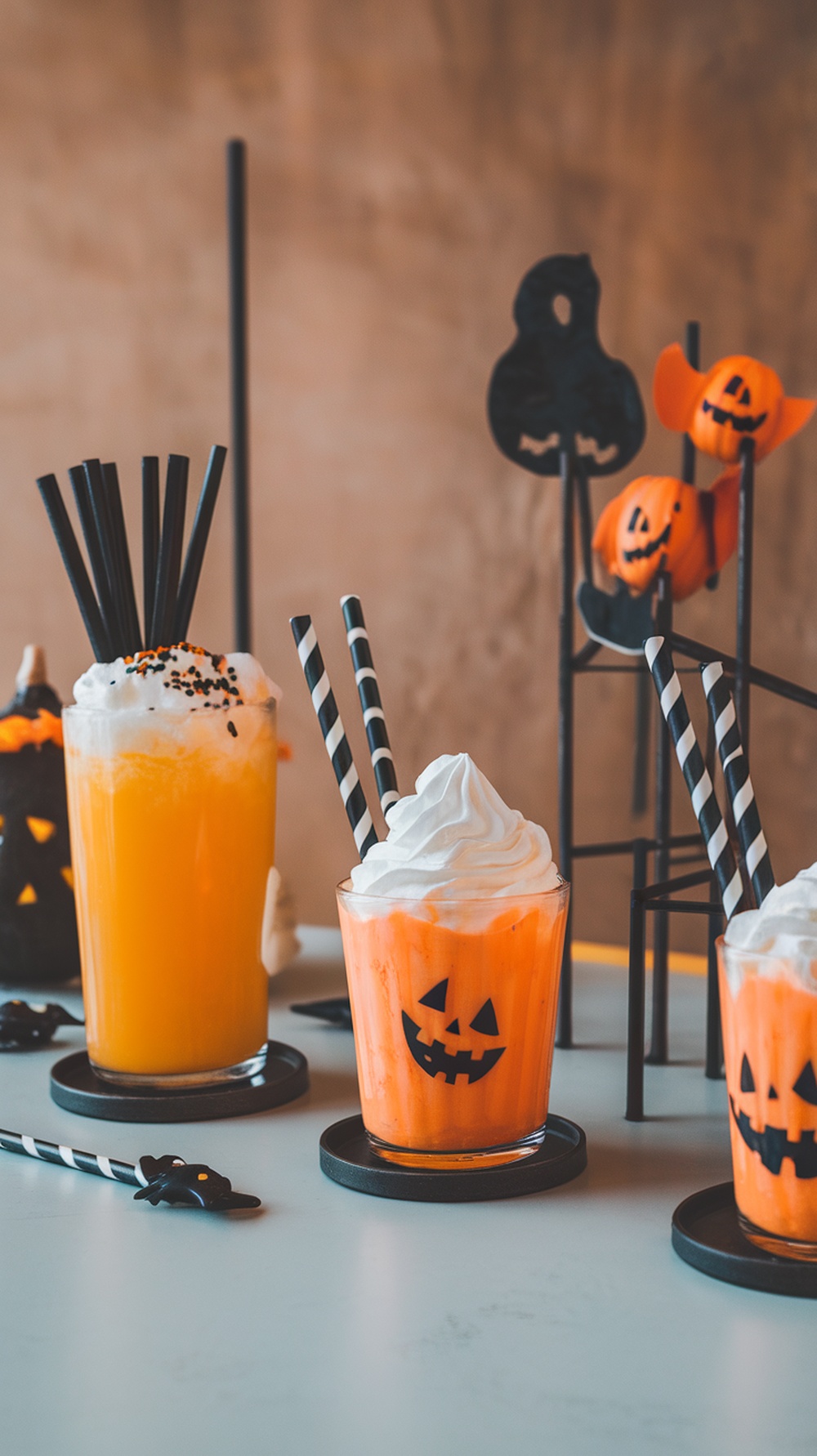 Halloween ice cream floats with black and orange theme