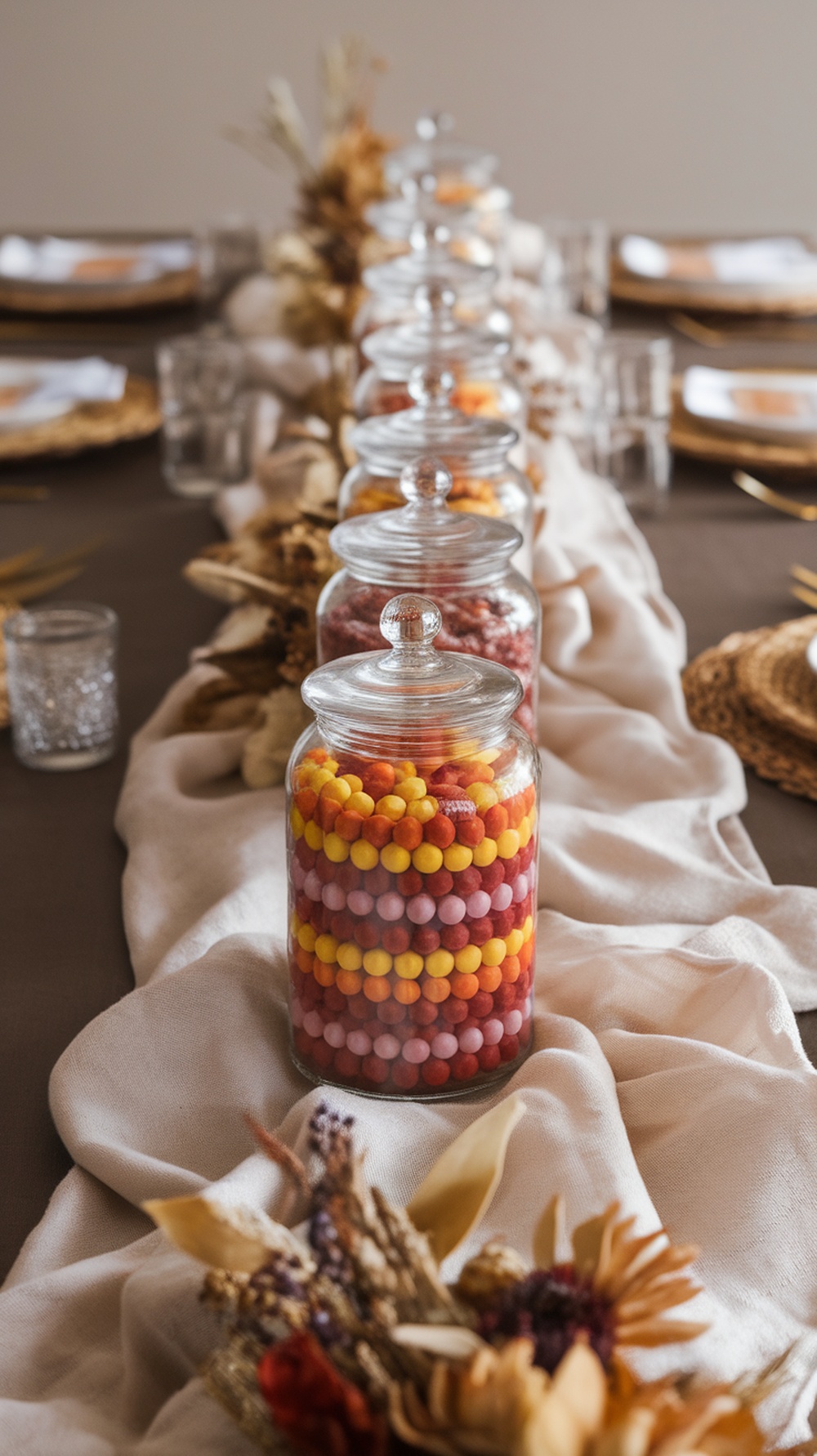 A series of apothecary jars filled with colorful candies, arranged as a candy centerpiece on a table.