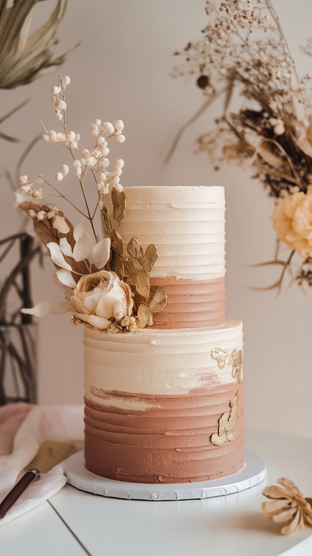A minimalist fall baby shower cake design with textured beige and terracotta icing, decorated with gold foliage and flowers.