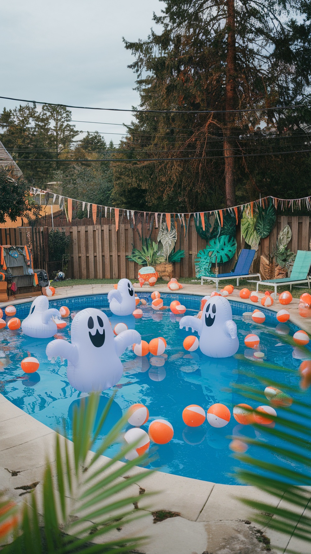 Inflatable ghost decorations floating in a pool surrounded by beach balls and festive decor.