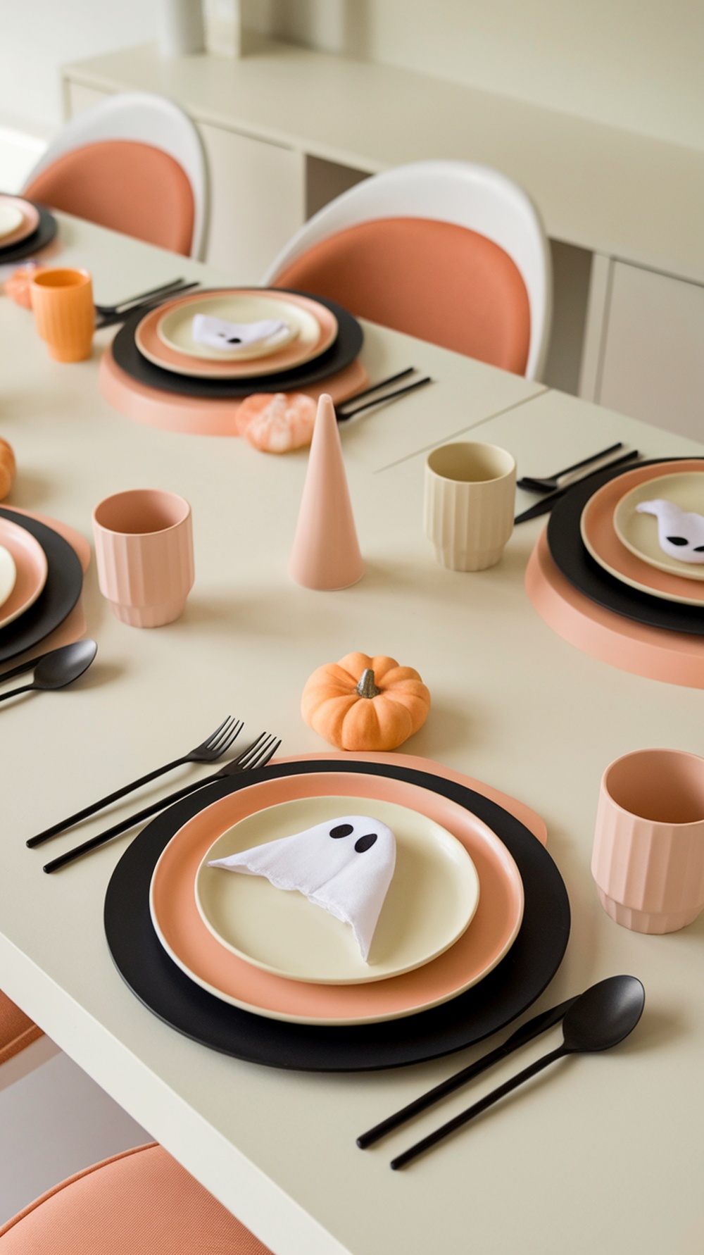 Pastel Halloween baby shower table setting with ghost napkins and mini pumpkins.
