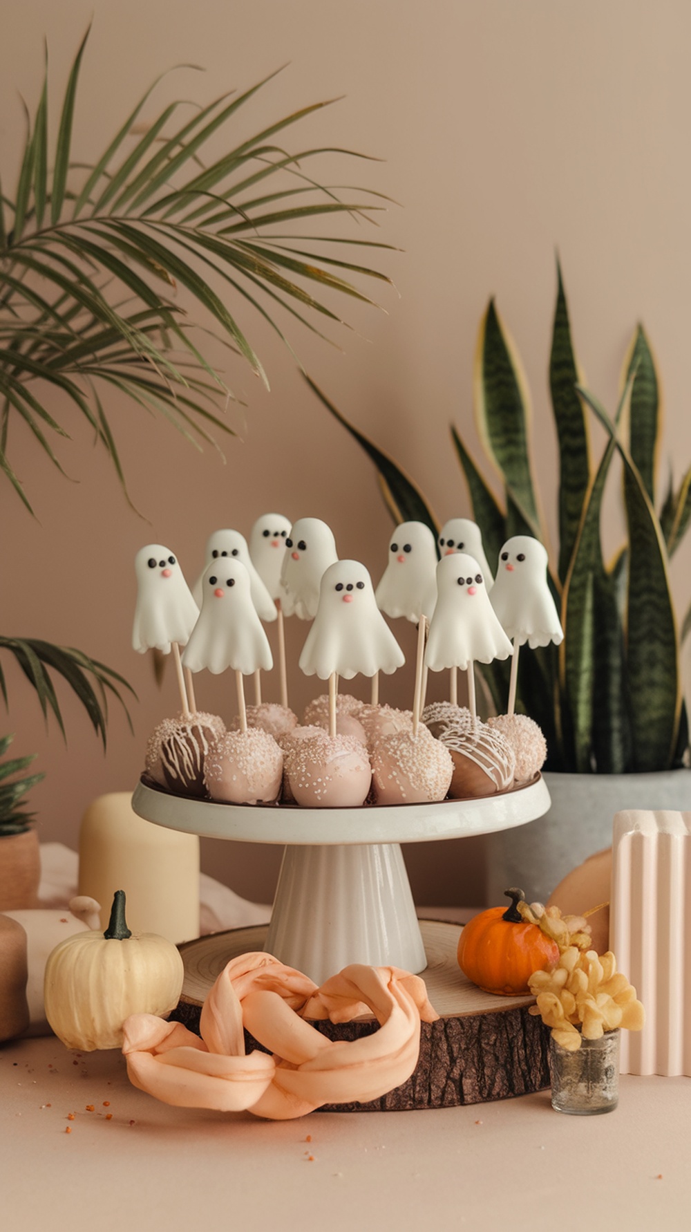 A cake pop stand featuring ghost-shaped cake pops and festive fall decorations.
