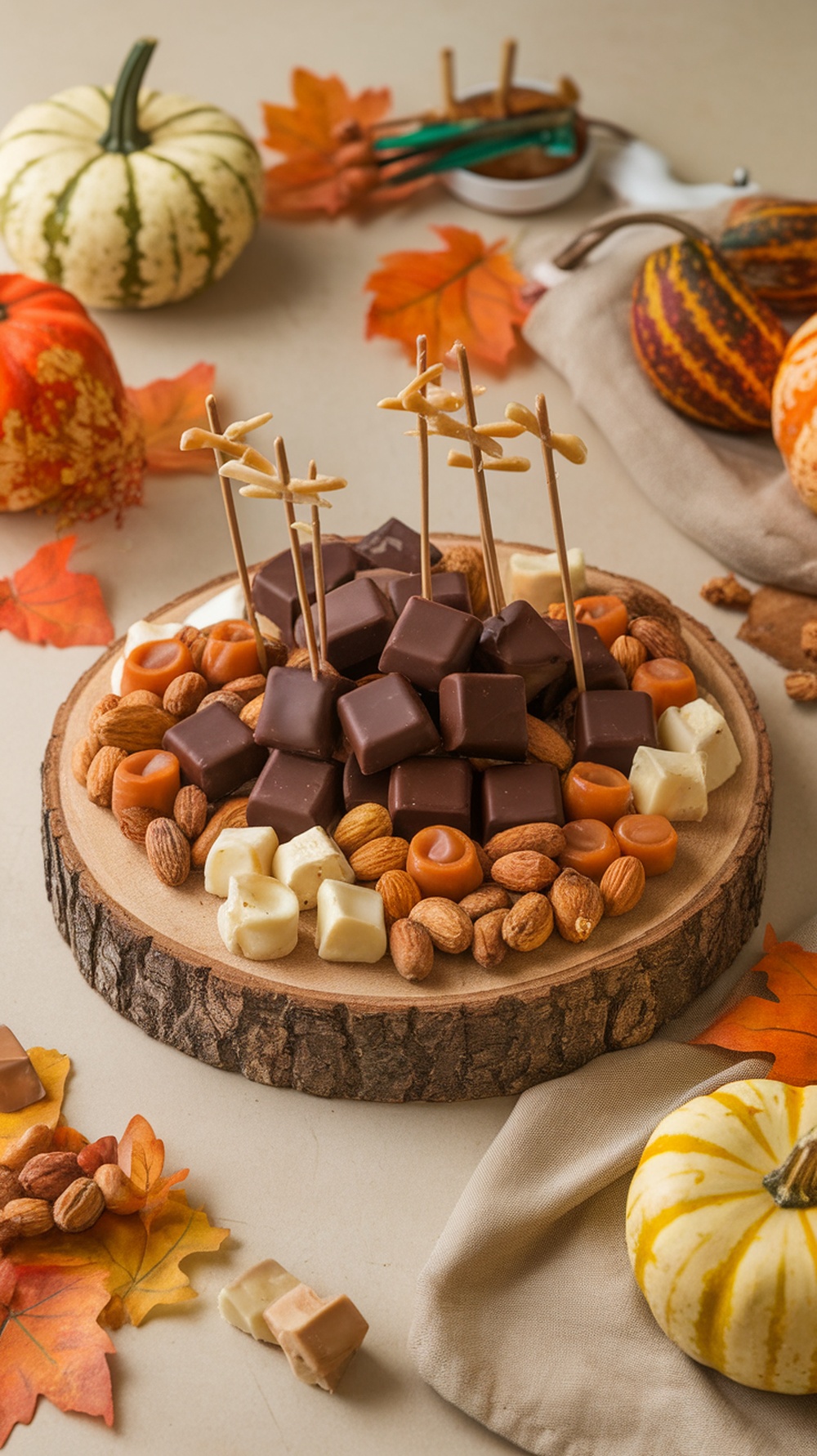 A beautiful fall-themed chocolate and caramel grazing centerpiece on a wooden platter, decorated with nuts and autumn leaves.