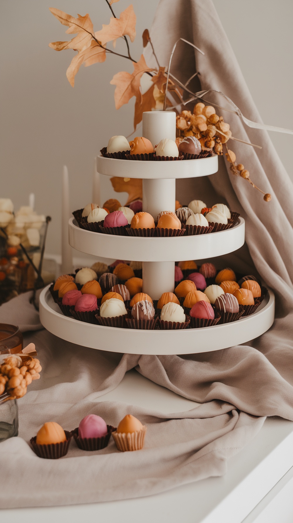 Tiered dessert stand filled with various fall-themed candies.