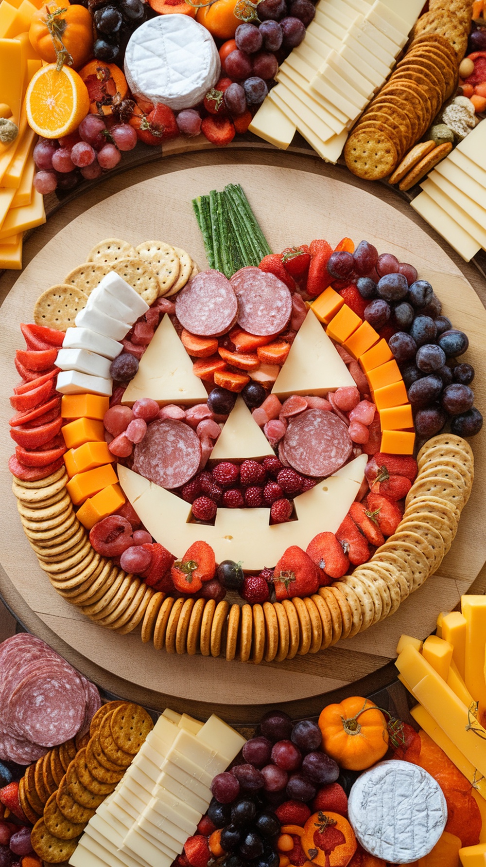 A festive charcuterie board designed to look like a Jack-O'-Lantern, featuring various cheeses, meats, fruits, and crackers.