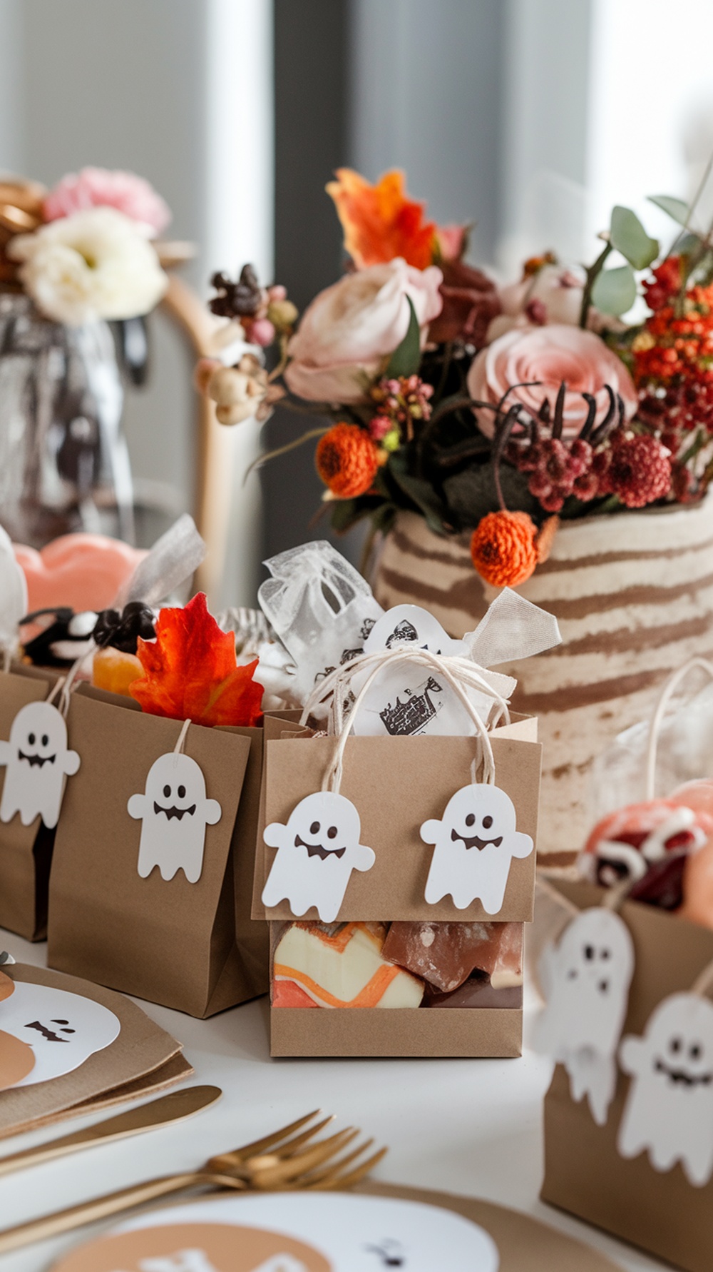 Baby shower favor bags decorated with ghost tags and filled with autumn-themed treats