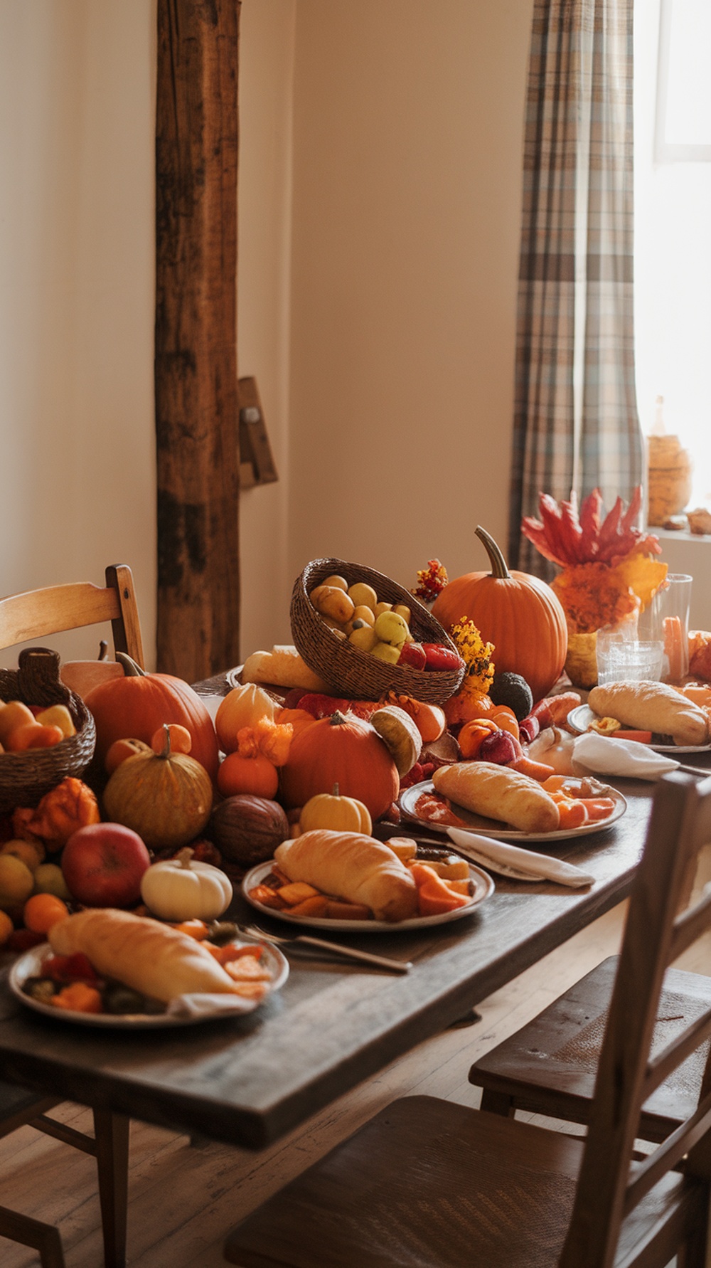 A cozy autumn table filled with pumpkins, colorful fruits, and a hearty meal, capturing the essence of family traditions.